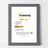 Dark Grey picture frame With White Mount shown from front view on a plain white surface standing with a wall