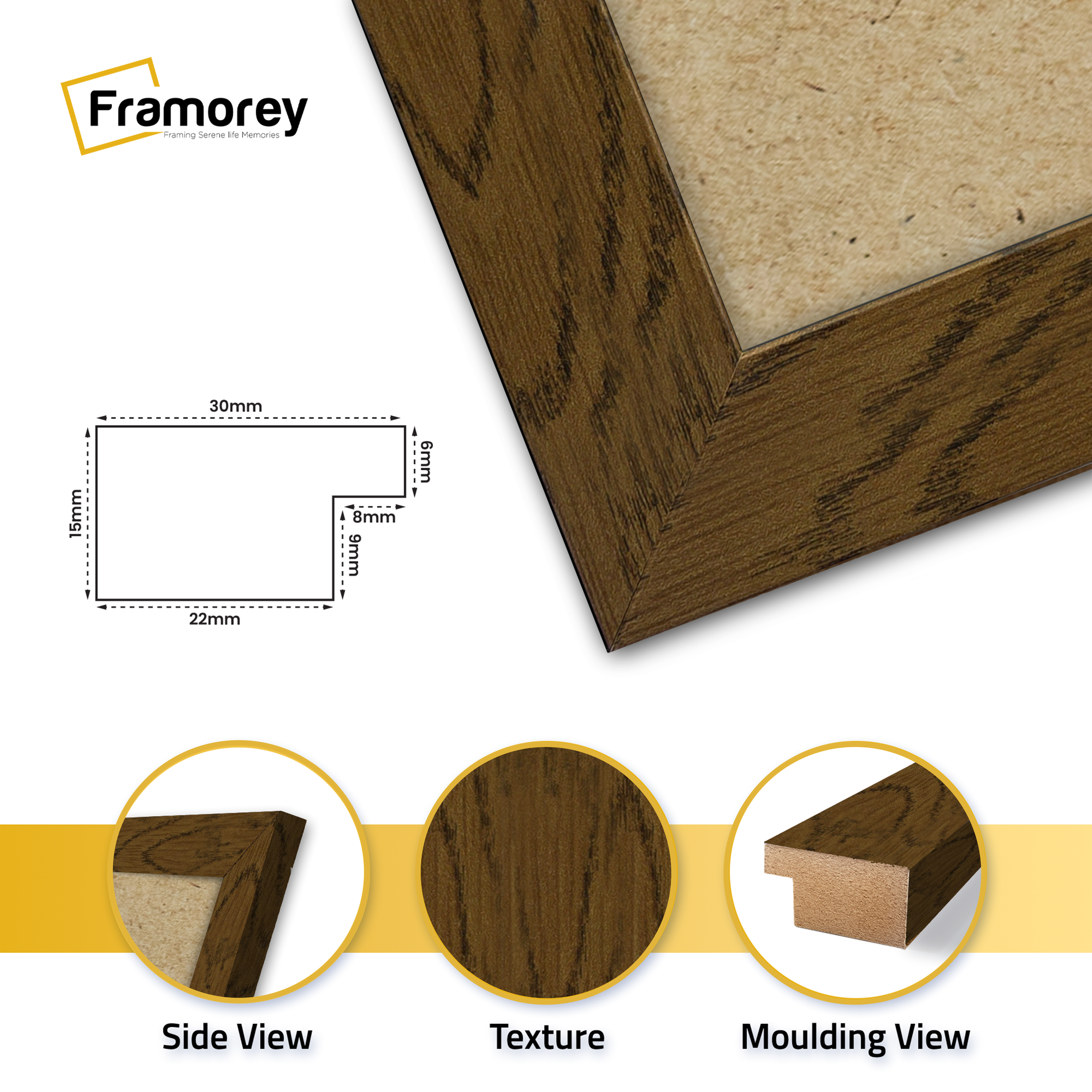 close view of dark oak Picture frame featuring side view texture and molding view