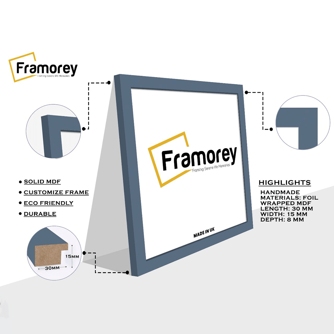 Dark grey poster frame side view with some focused parts and some highlights.
