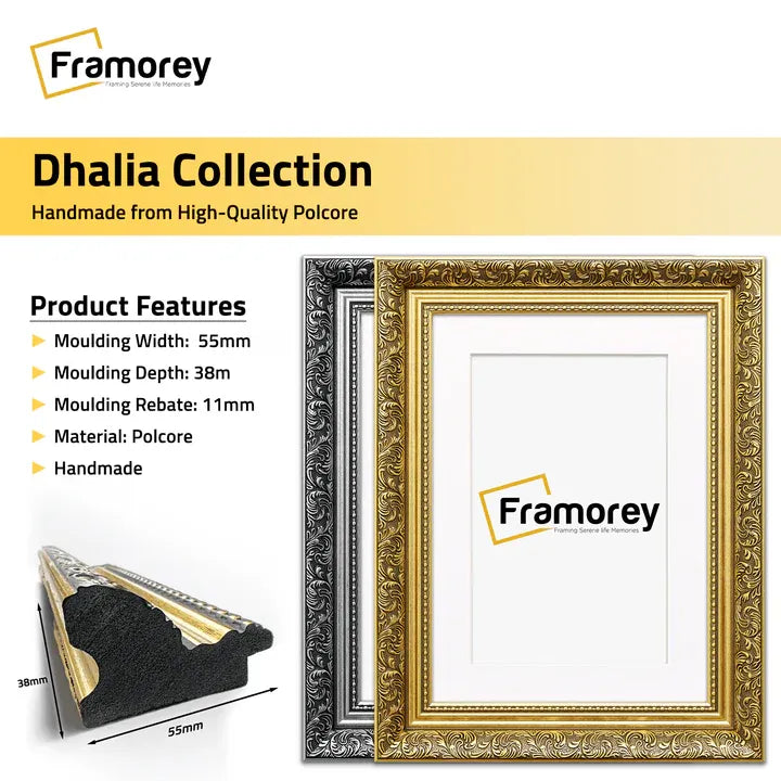 Dhalia Gold & Silver Frames With White Mount showing molding view with molding measurements and frame material 