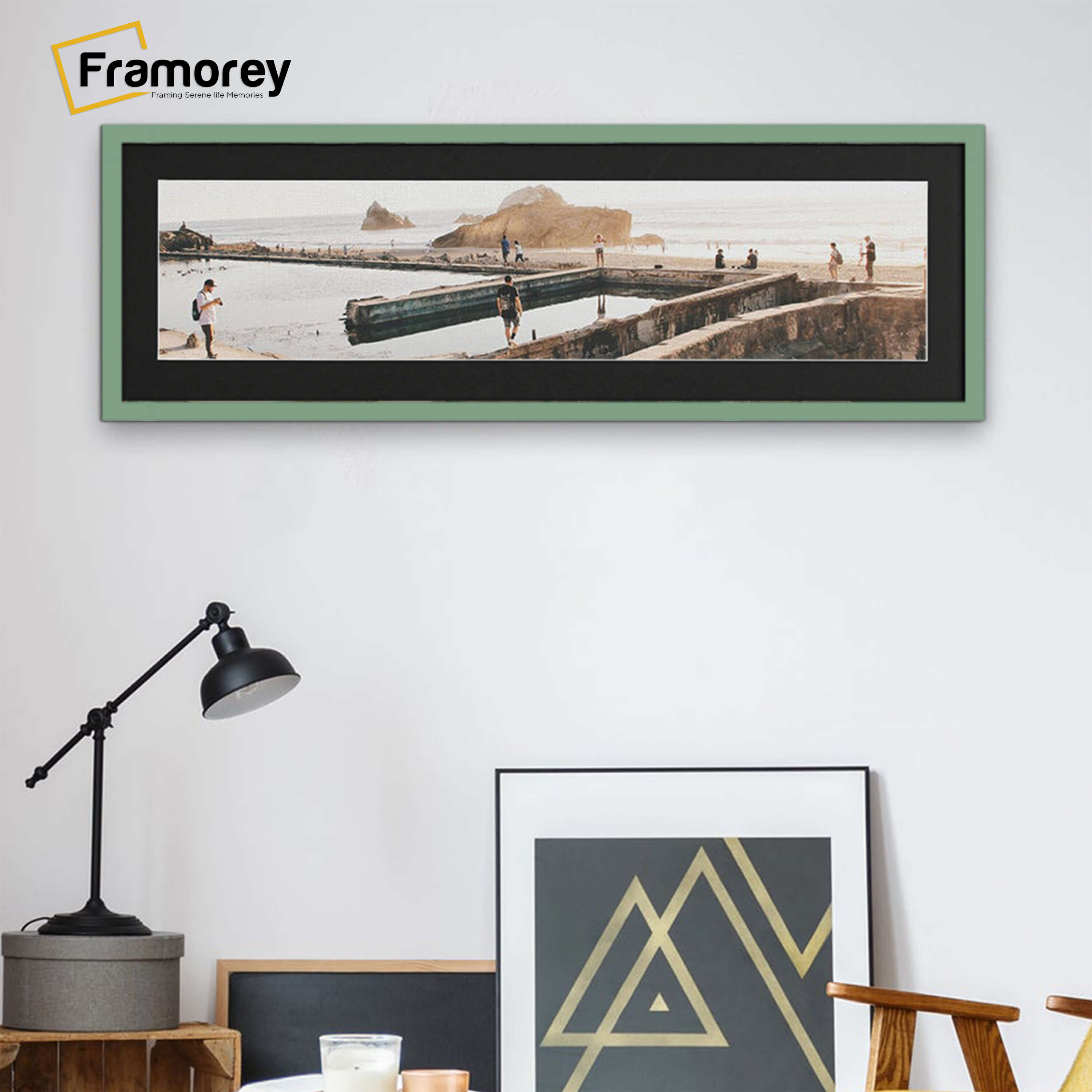 Thin Matt Panoramic Green Picture Frames With Black Mount
