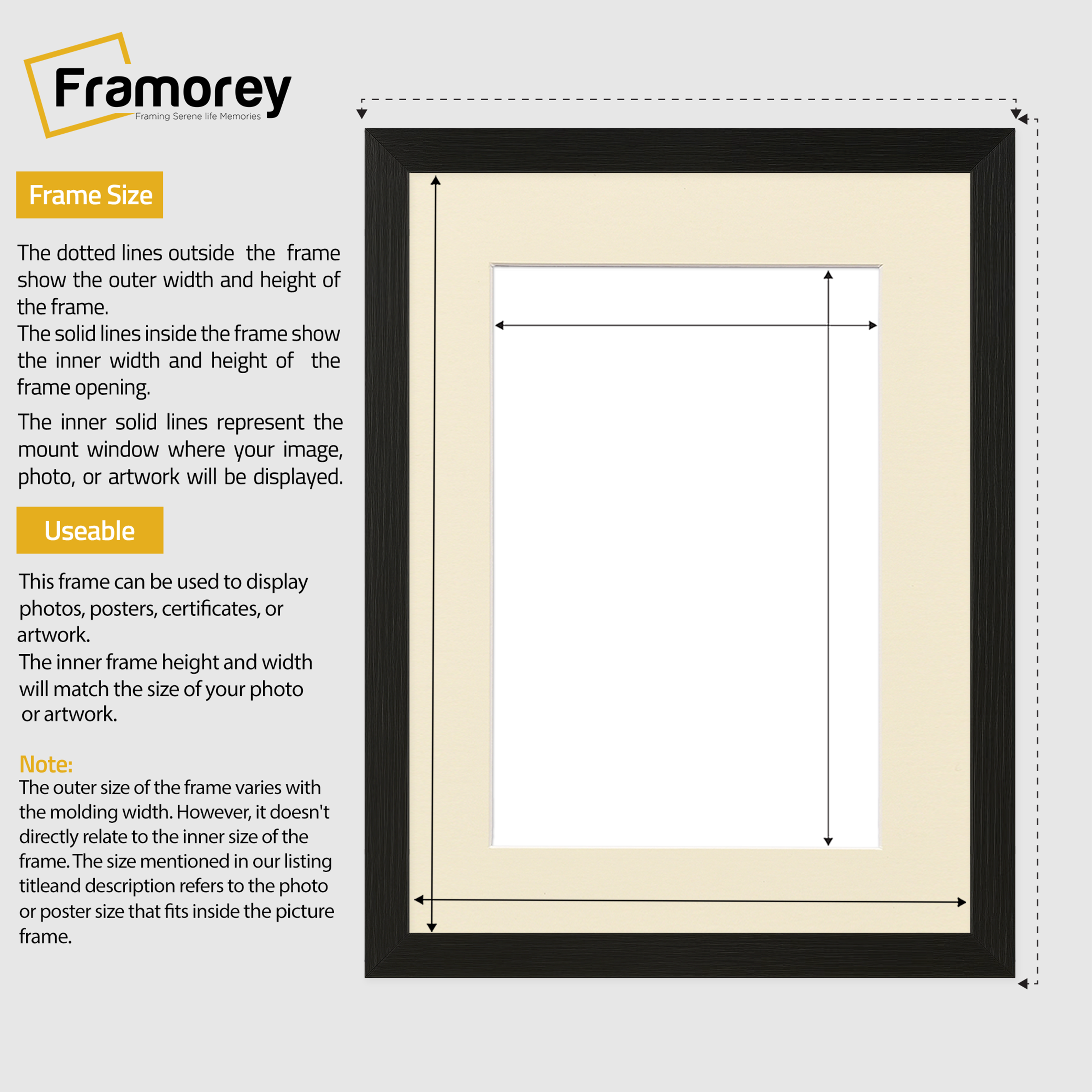 Flat Black Picture Photo Frame Wall Art Poster Frame With Ivory Mount