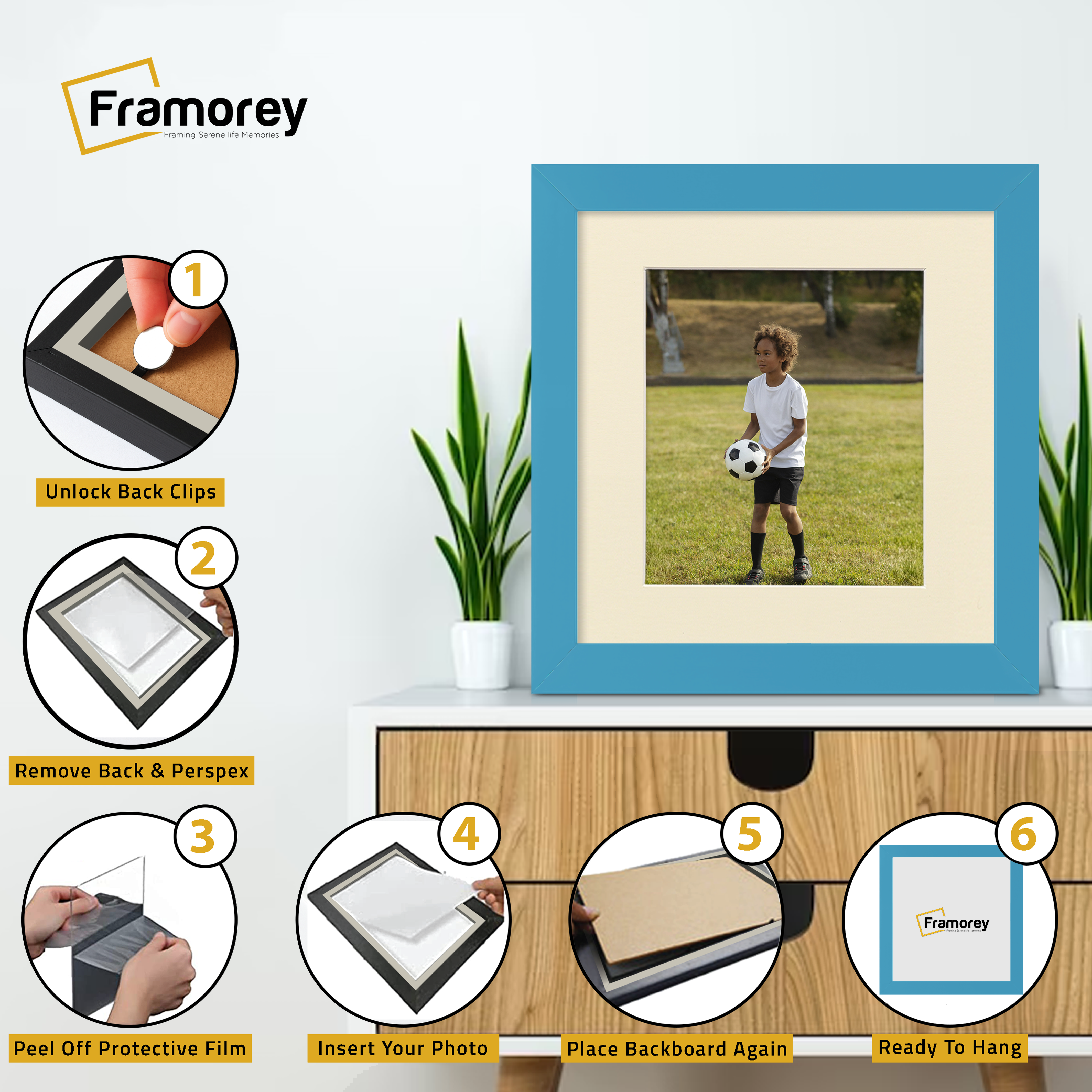 Square Blue Picture Frame with Ivory mount Wall Art Photo Frames