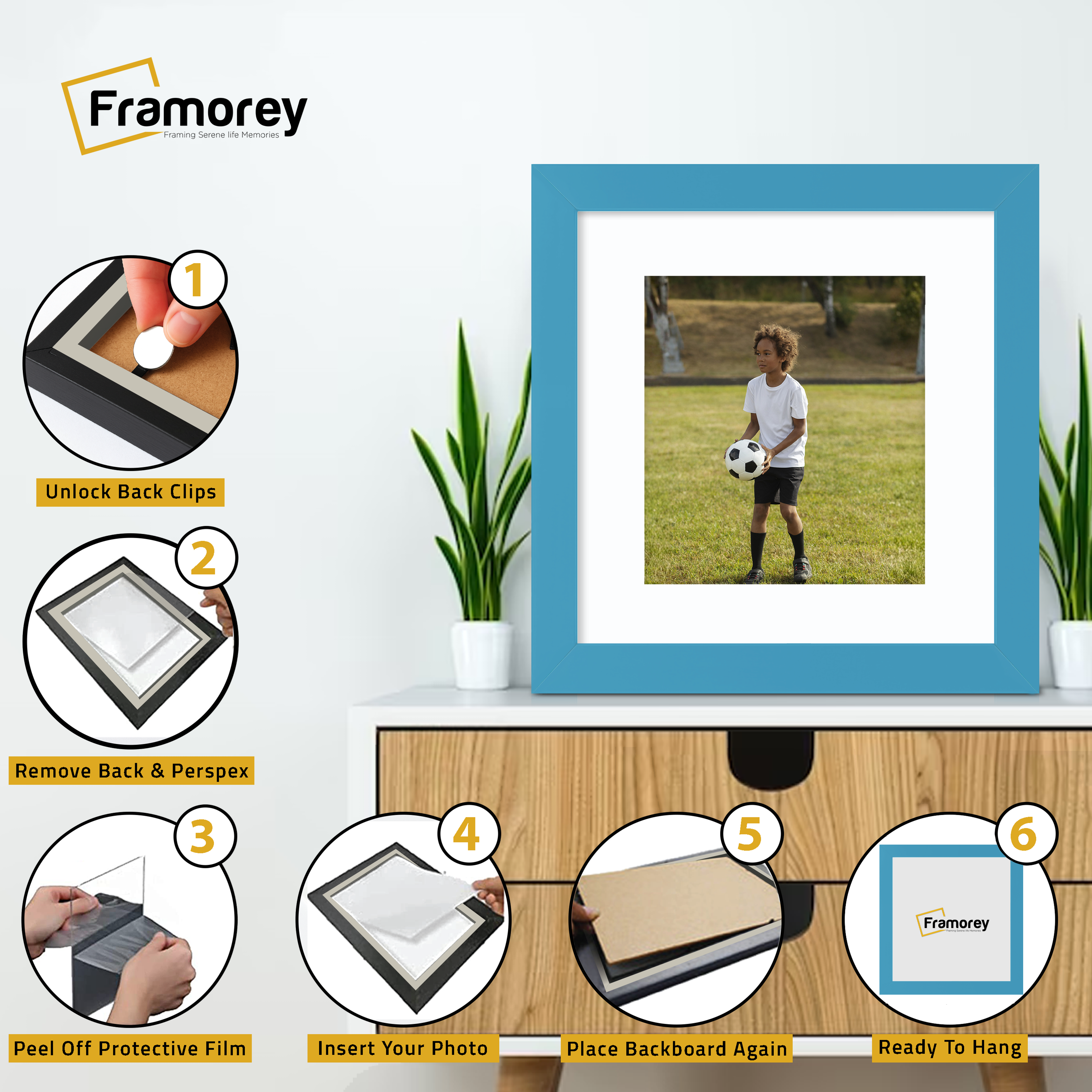 Square Blue Picture Frame with White mount Wall Art Photo Frames