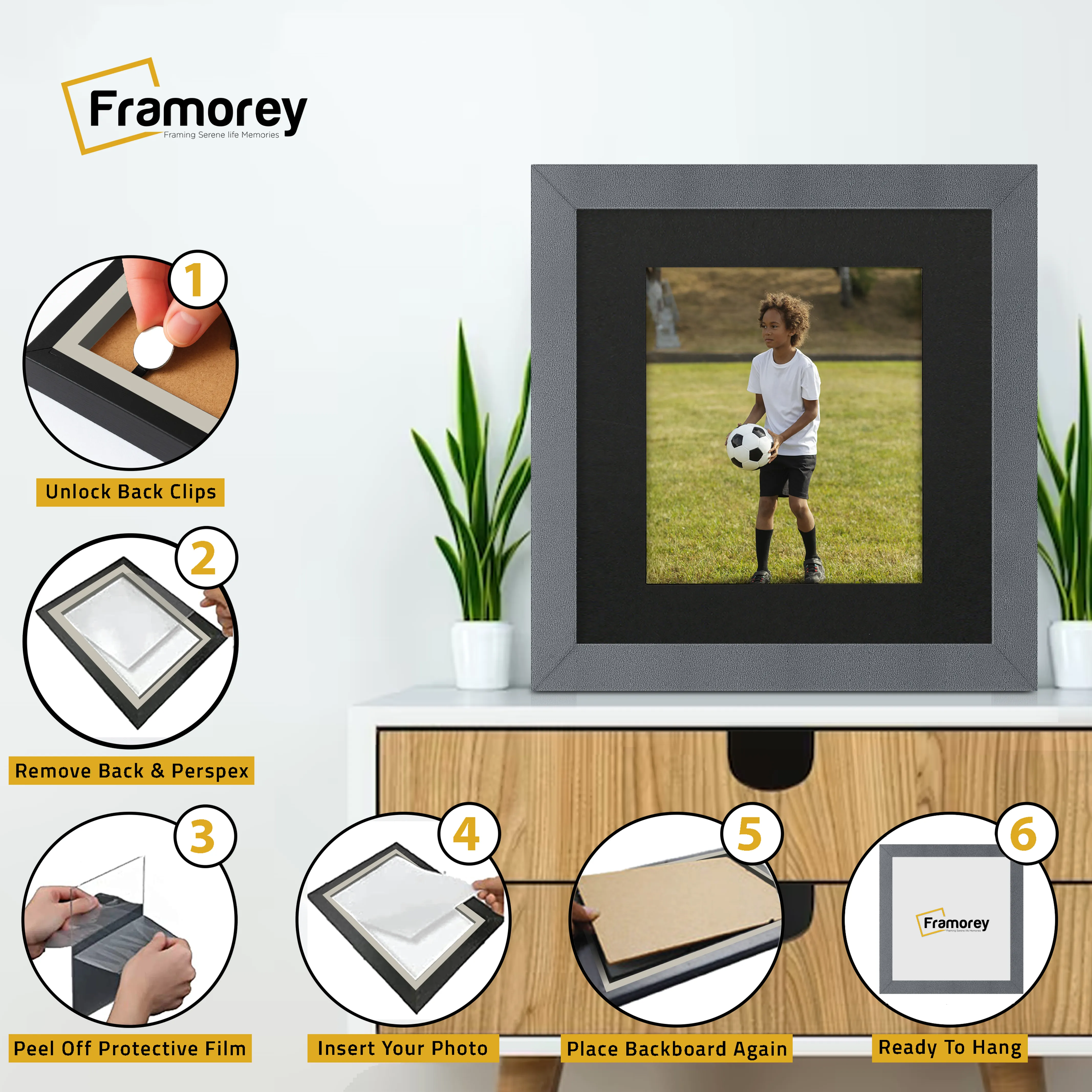 Square Size Dark Grey Picture Frame With Black Mount
