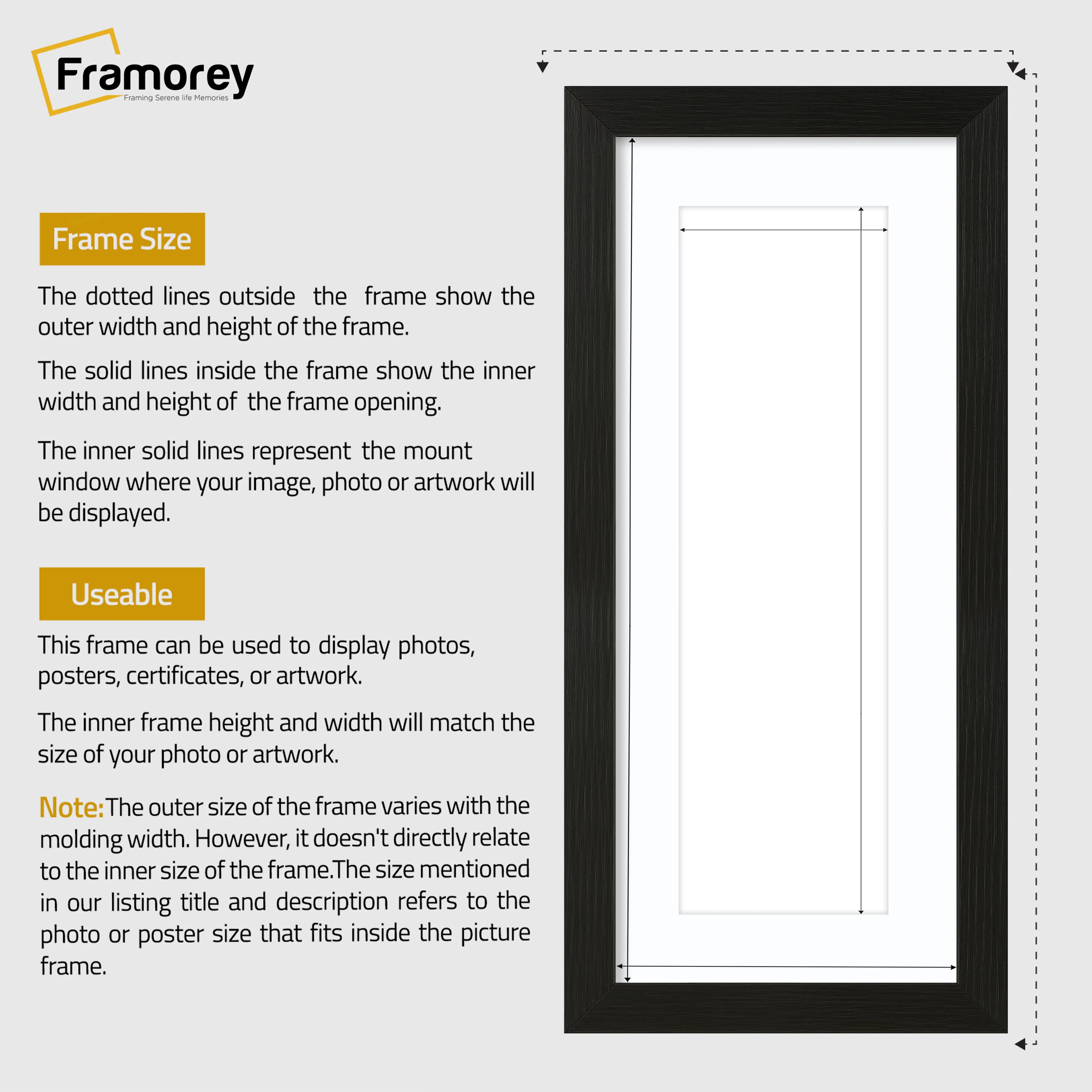 Panoramic Thin Ash Black Picture Frame With white Mount