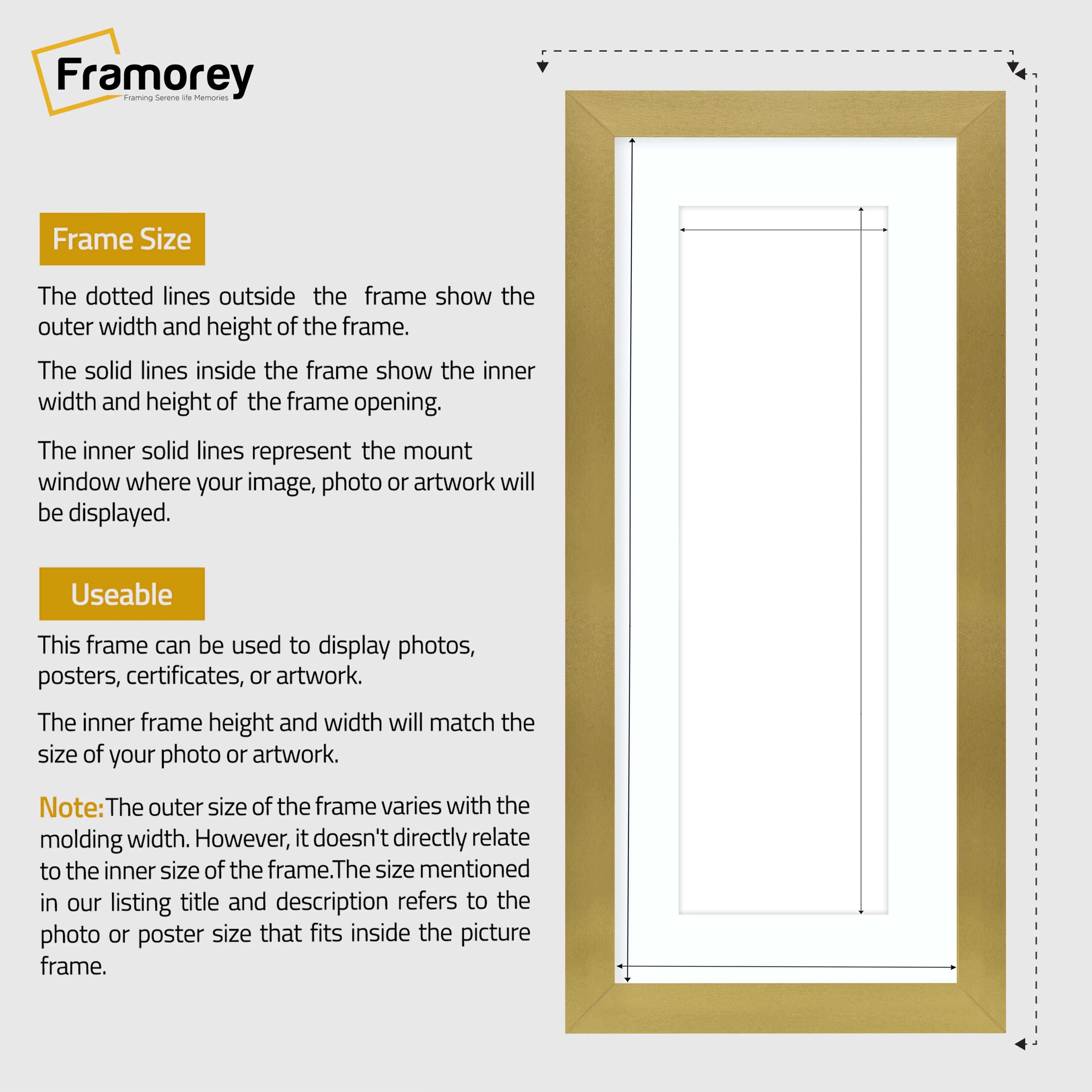 Panoramic Gold Picture Frame With White Mount Wall Decor Frame