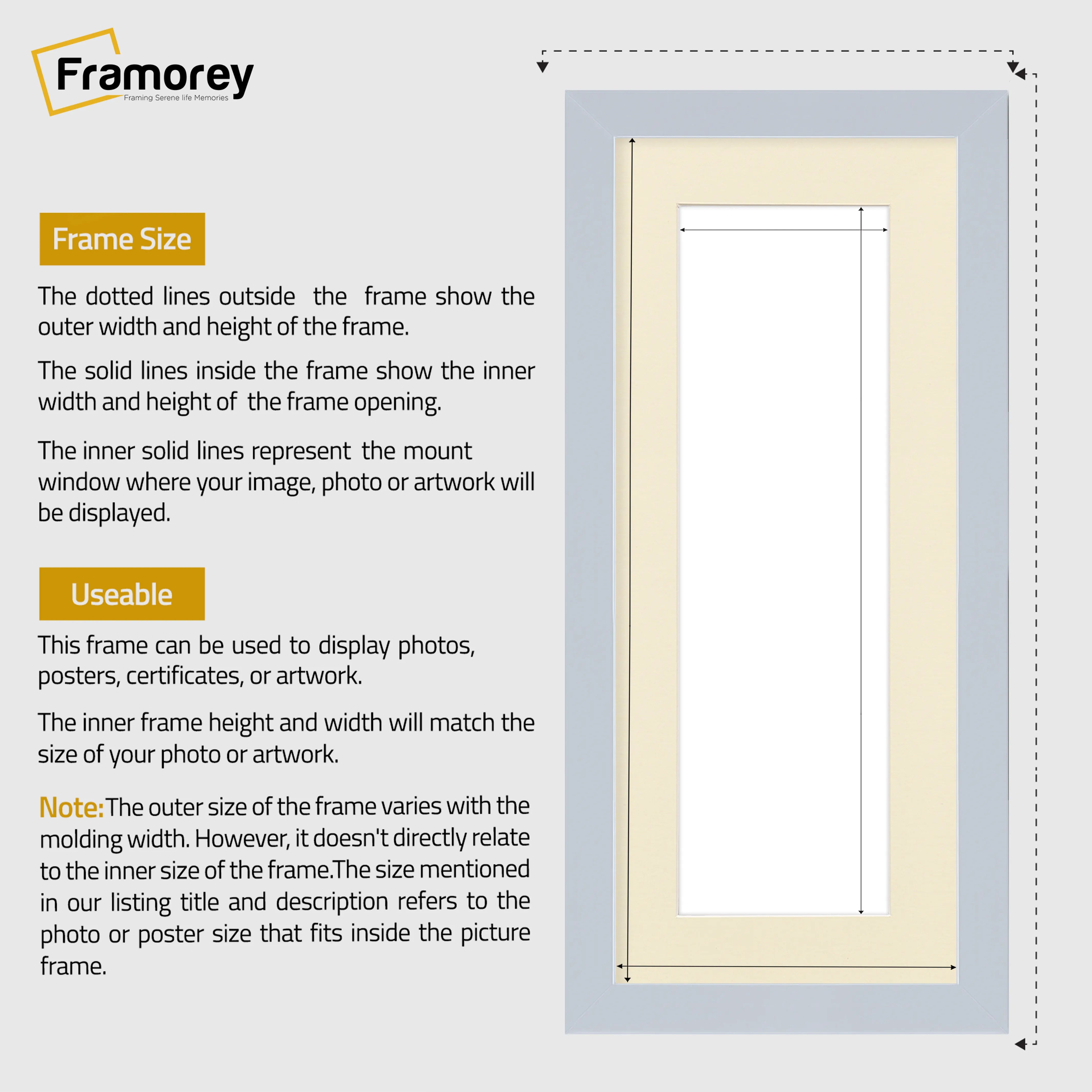Panoramic Light Grey Picture Frame With Ivory Mount Wall Decor Frame