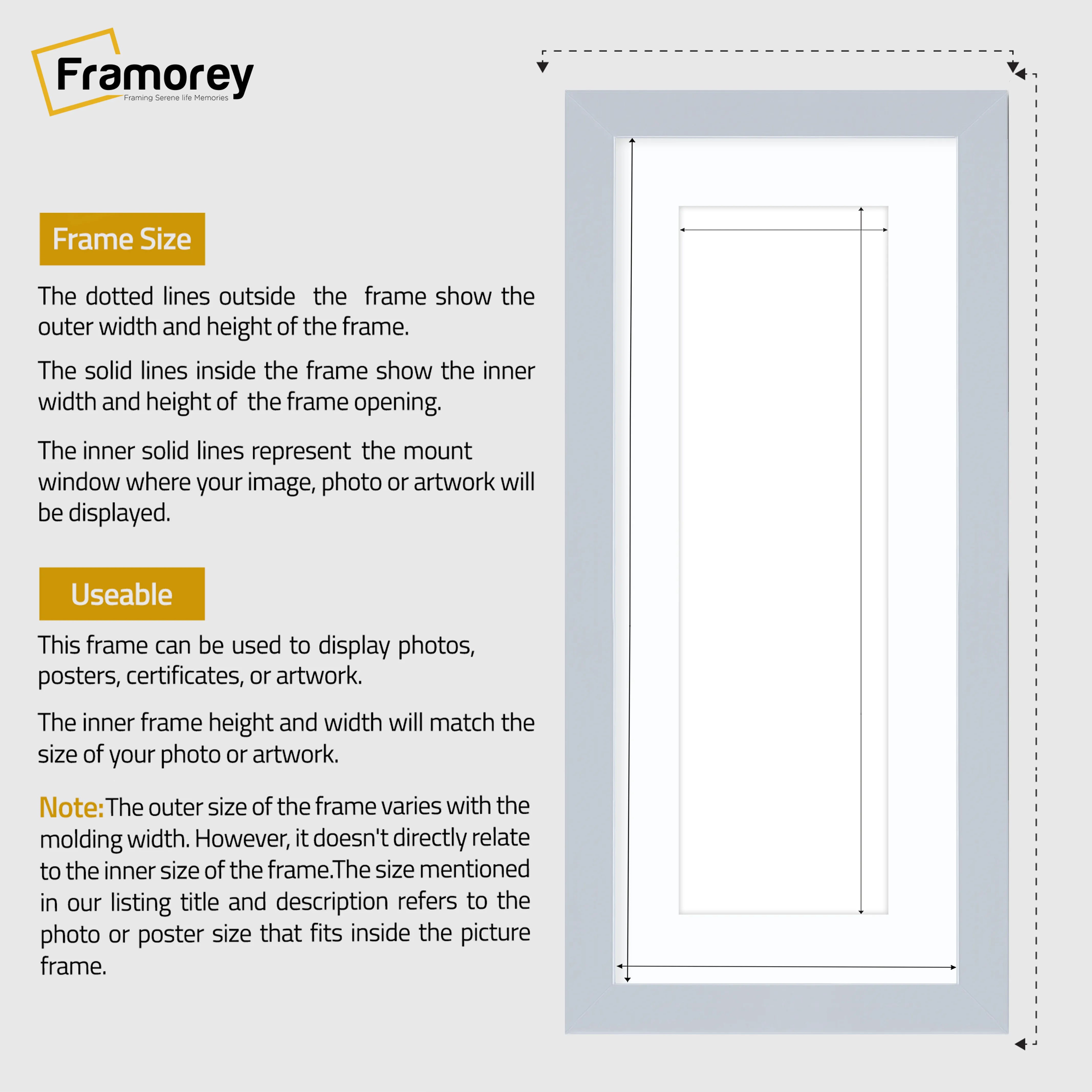 Panoramic Light Grey Picture Frame With White Mount Wall Decor Frame