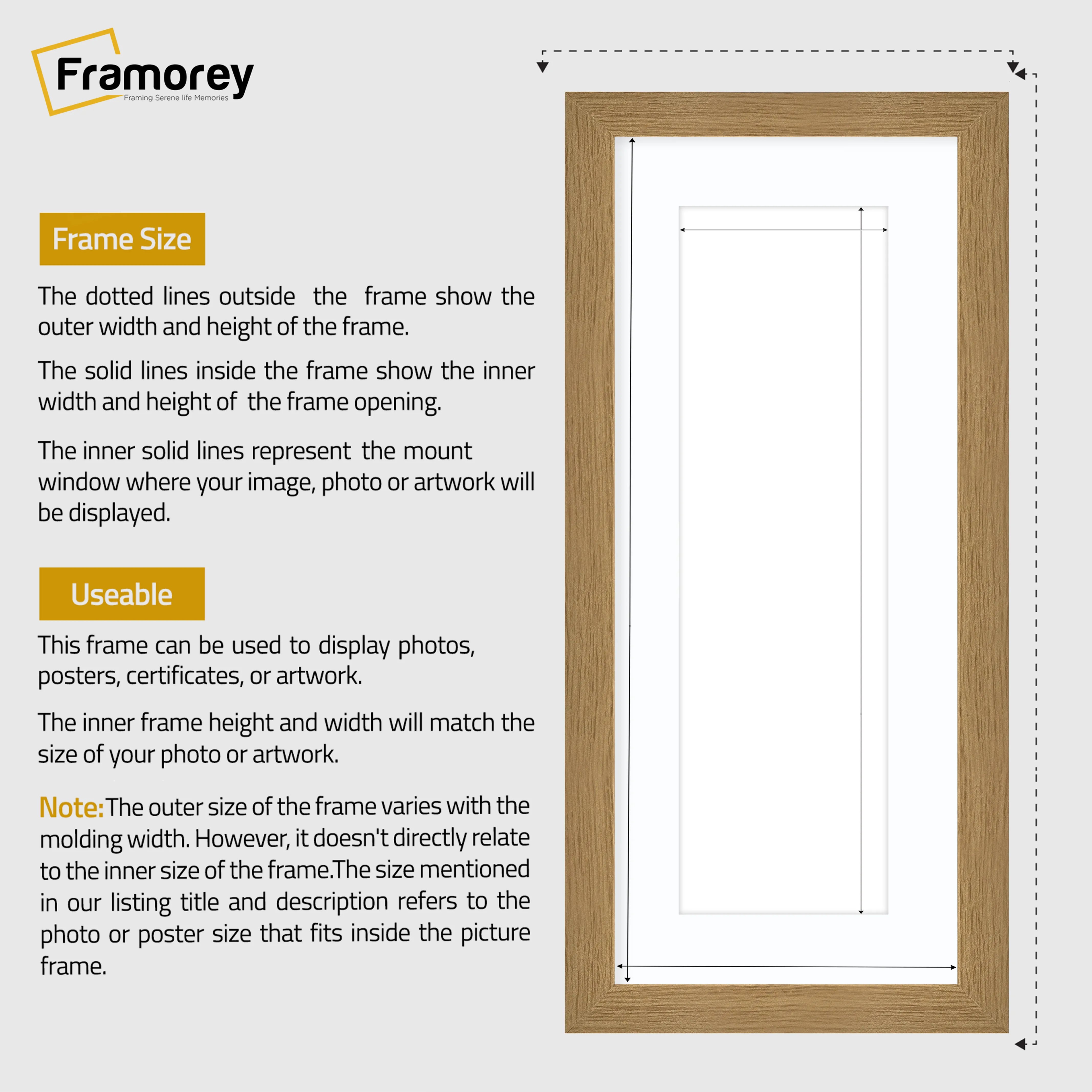Panoramic Oak Picture Frame With White Mount Wall Decor Frame