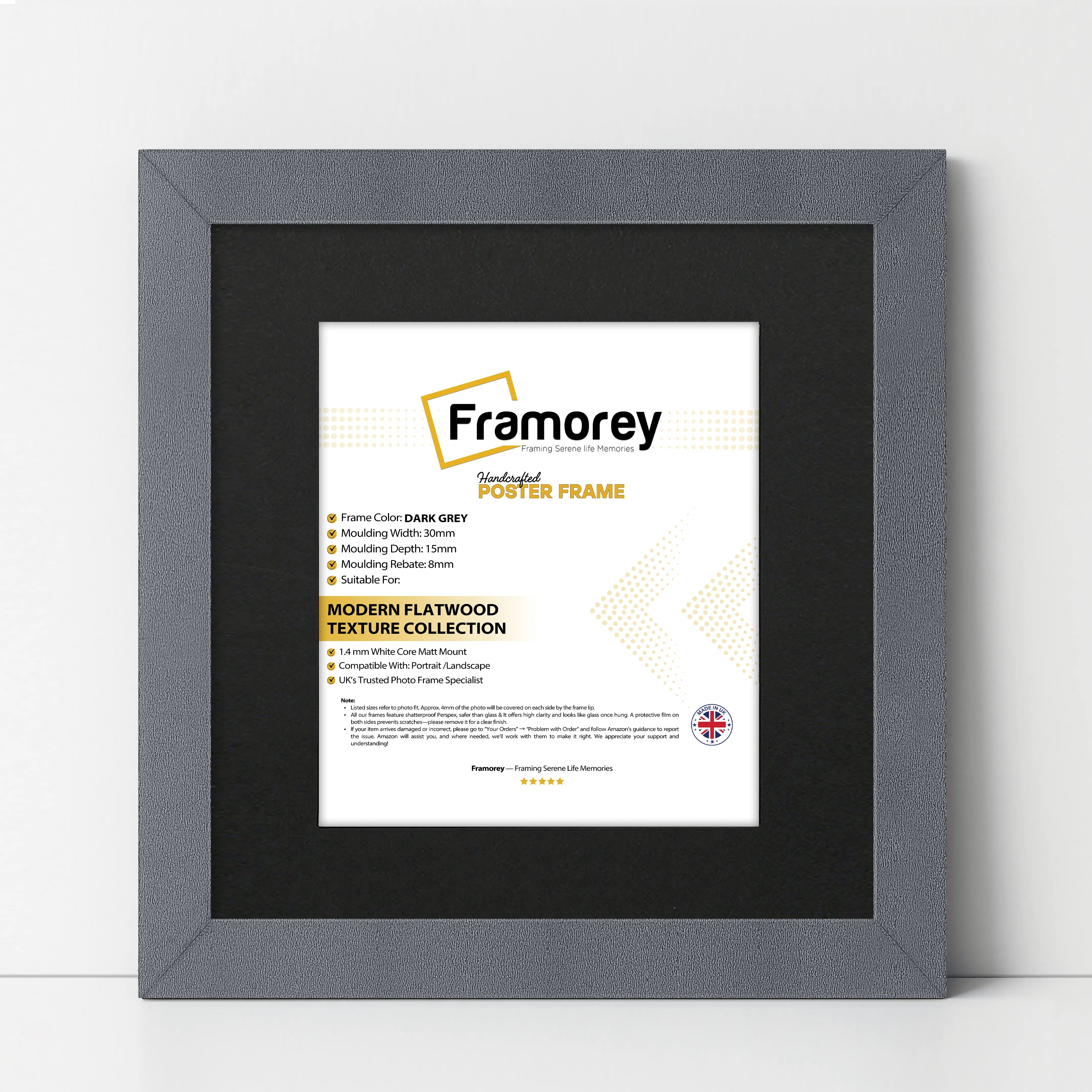 Square Size Dark Grey Picture Frame With Black Mount