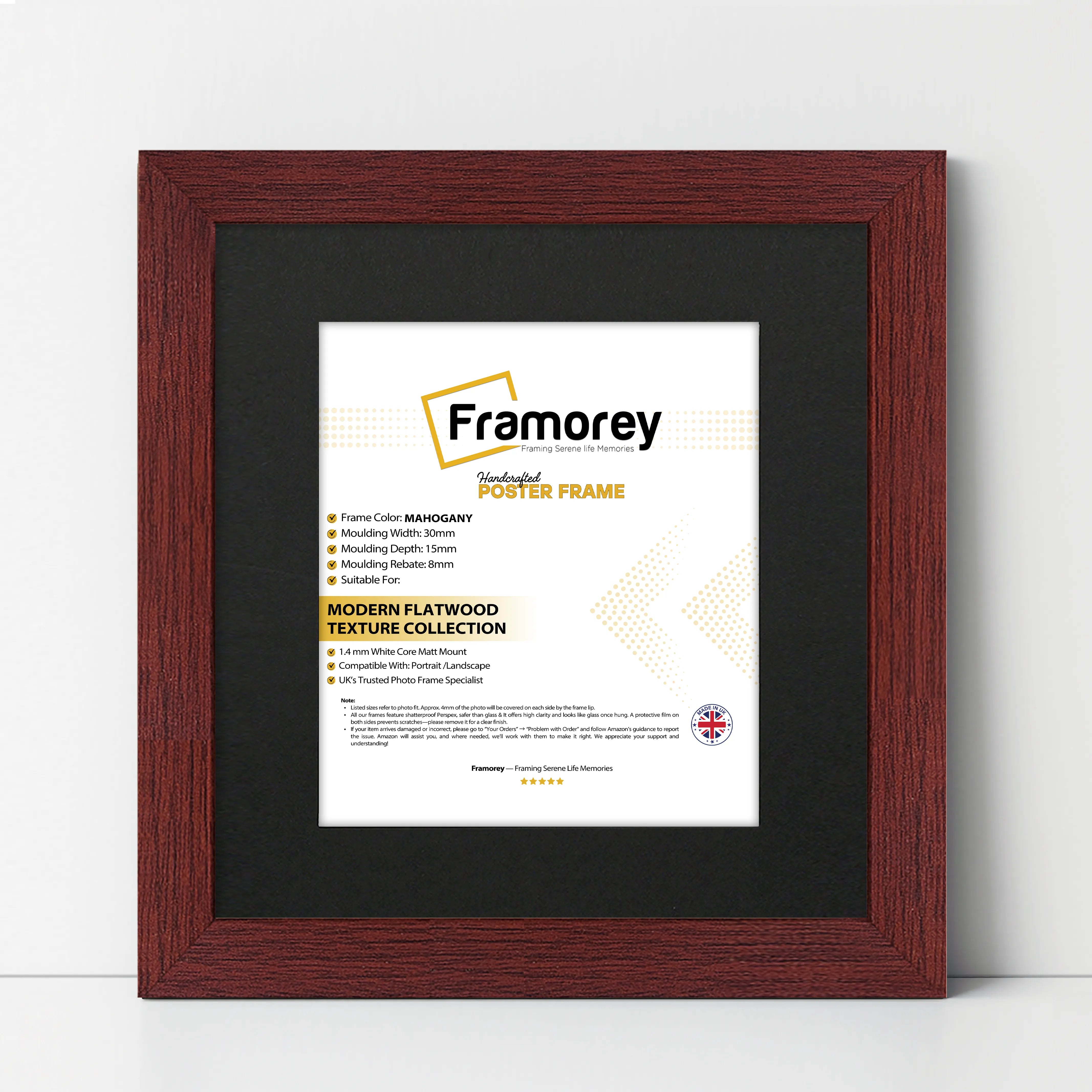 Square Size Mahogany Picture Frame With Black Mount