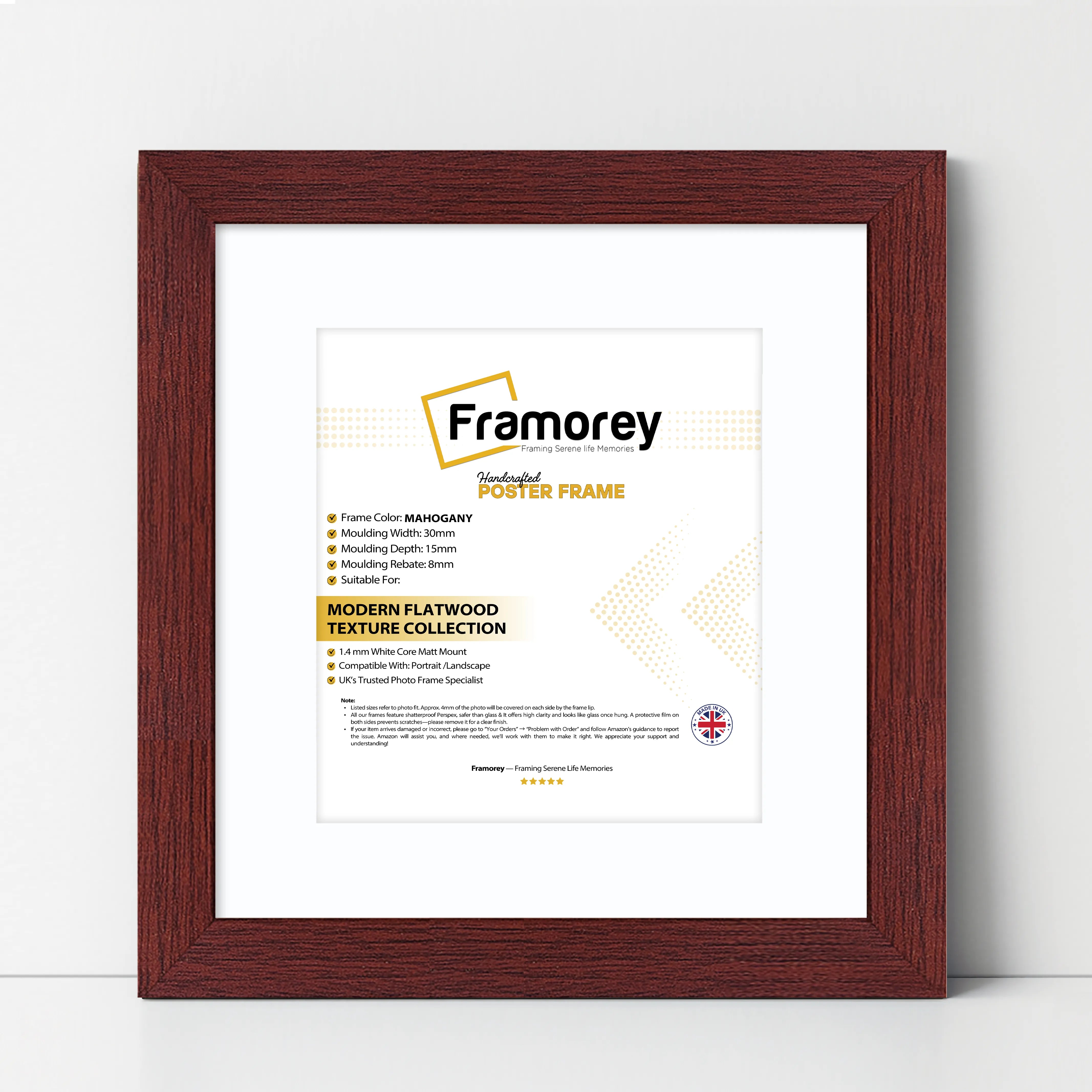 Square Size Mahogany Picture Frame With White Mount