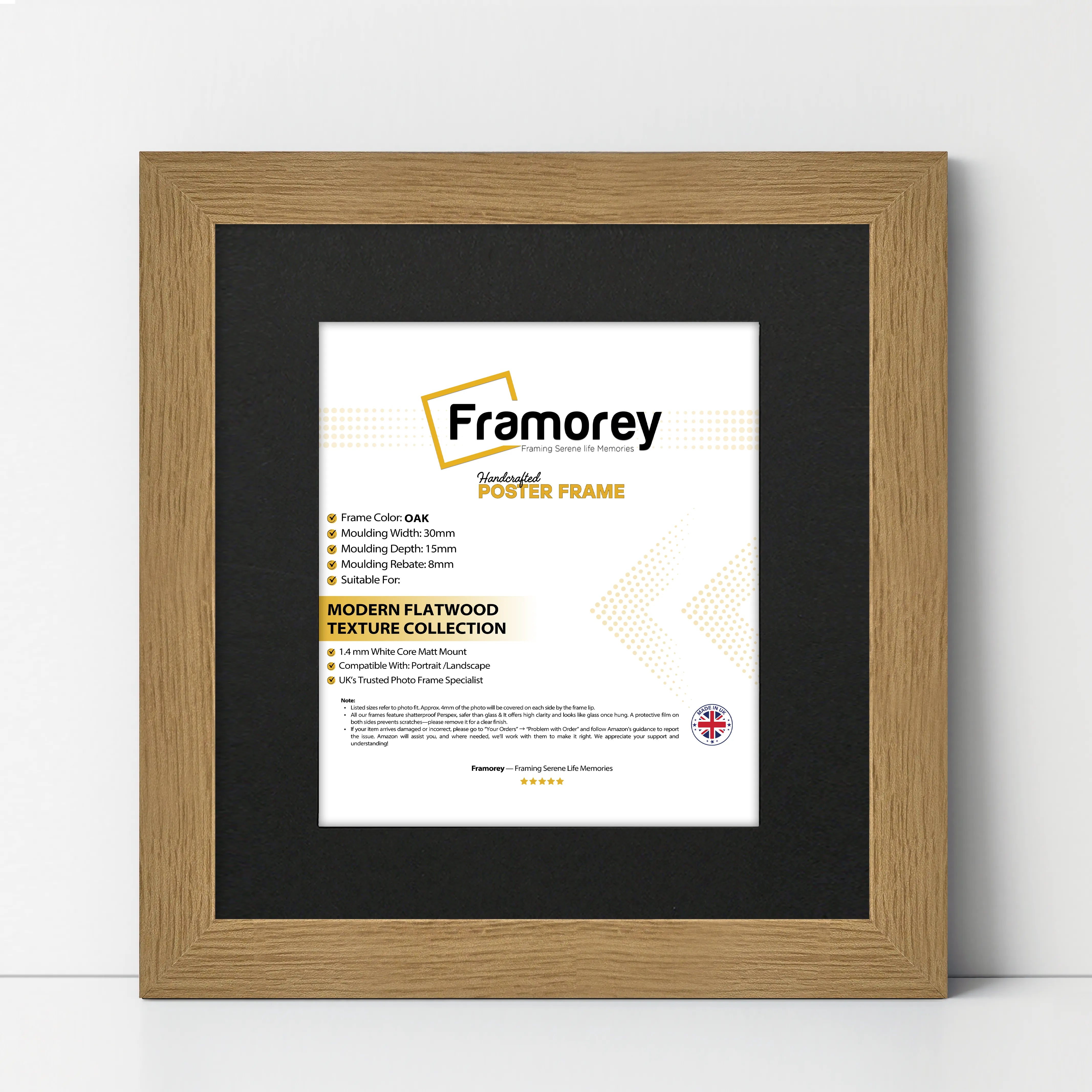 Square Size Oak Picture Frame With Black Mount