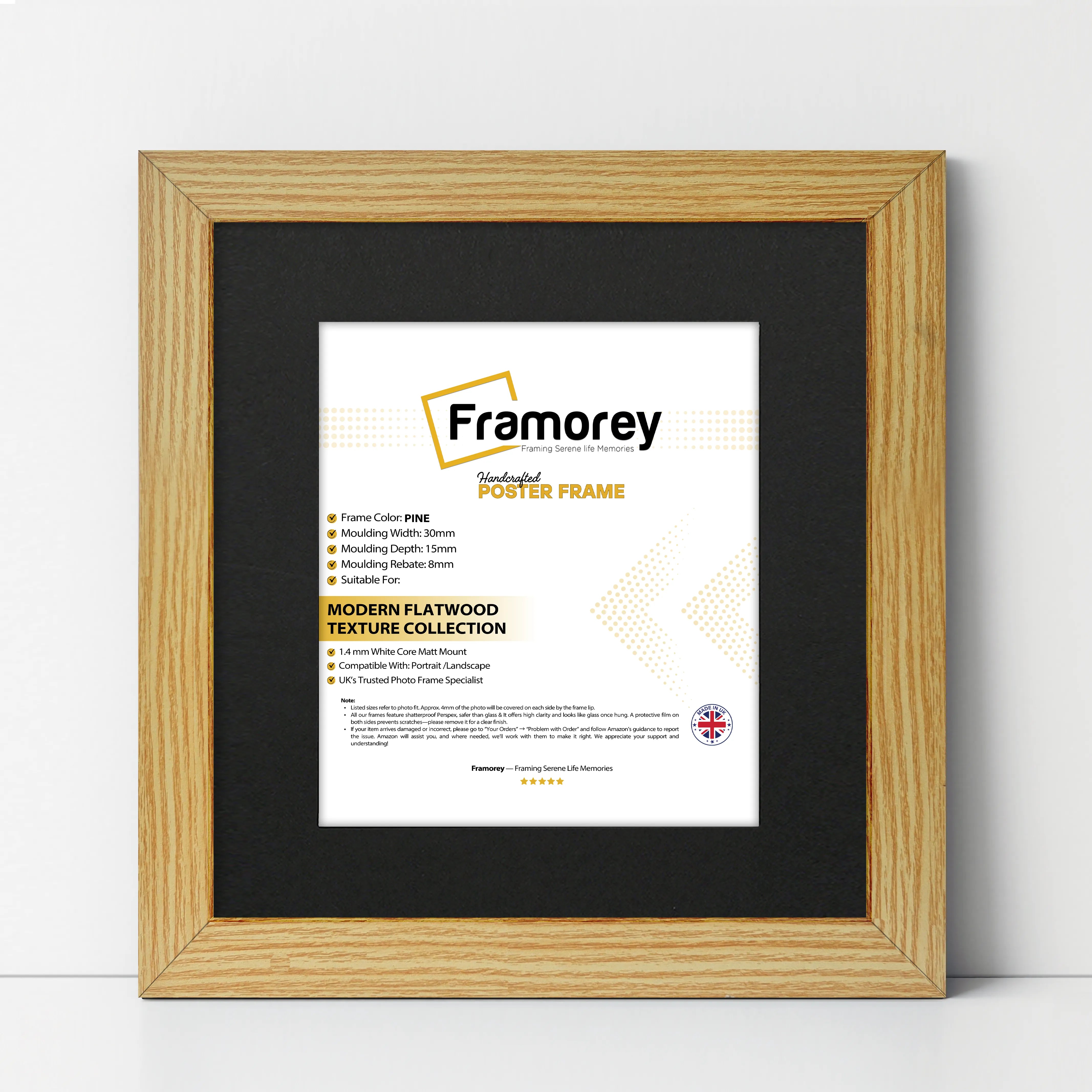Square Size Pine Picture Frame With Black Mount