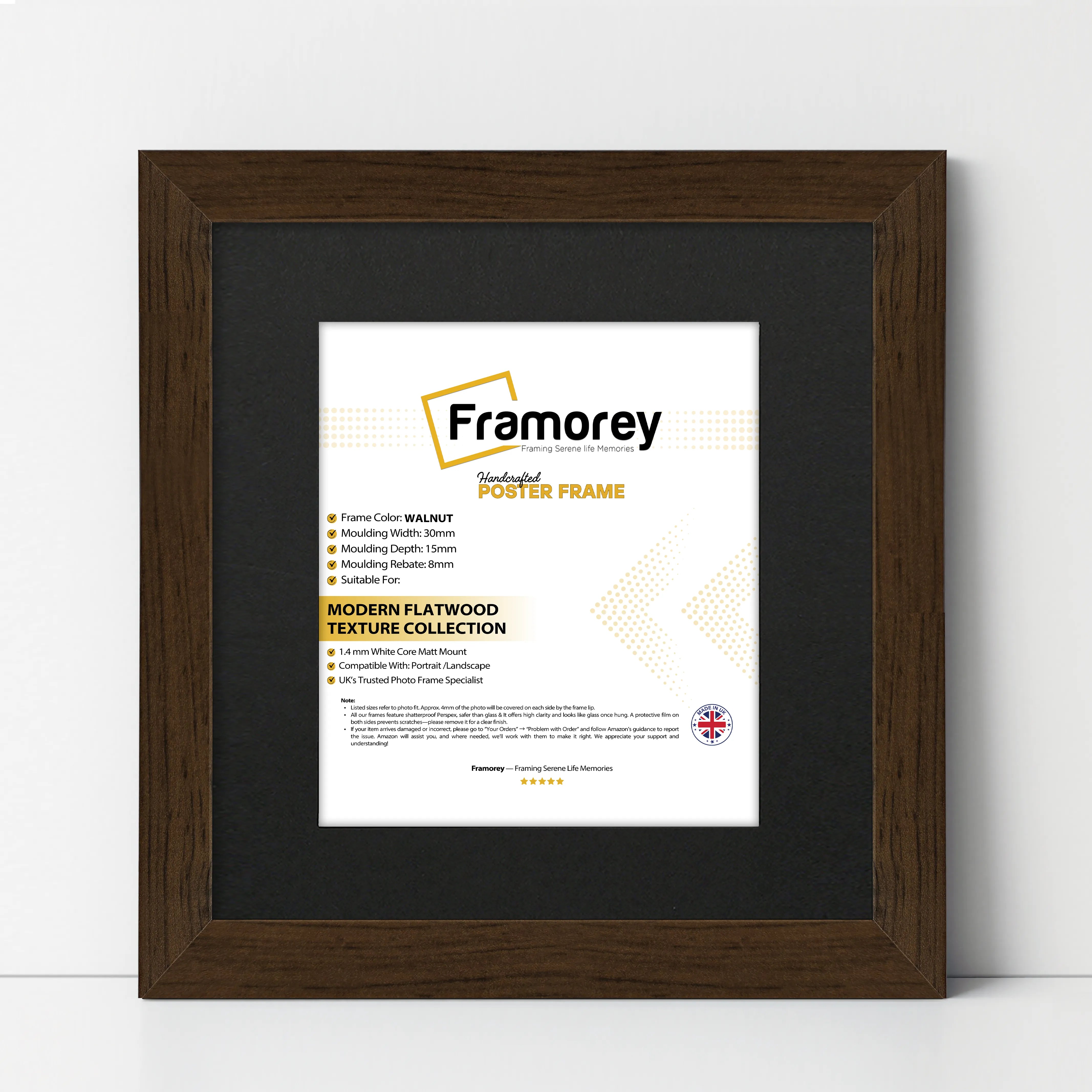 Square Size Walnut Picture Frame With Black Mount