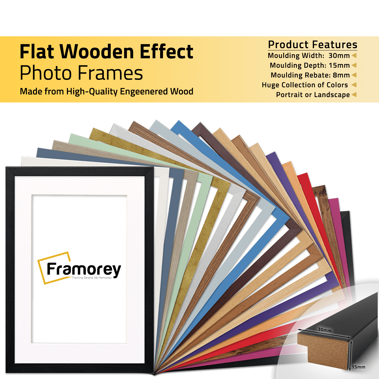 Print photos or posters for a Flat wooden picture frames  with different colors And a molding is place on a right bottom corner.
