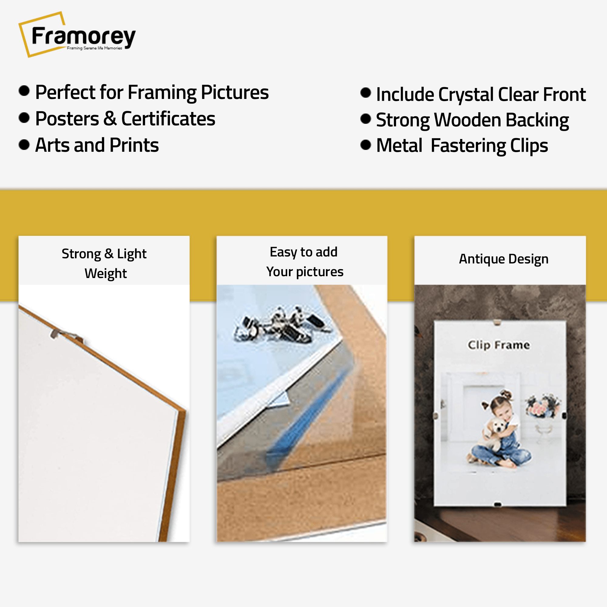 Framorey Clip Frames with some detail on its material and its design and parts.