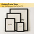 Four black picture frames in different standard sizes arranged together, showing custom frame size options with Framorey branding.