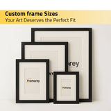 Four black picture frames in different standard sizes arranged together, showing custom frame size options with Framorey branding.