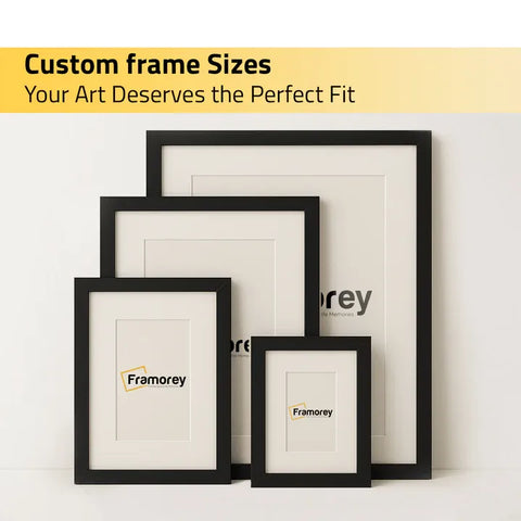 Four black picture frames in different standard sizes arranged together, showing custom frame size options with Framorey branding.
