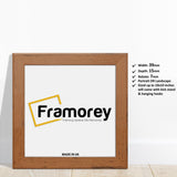 Front side view of a Square Walnut Picture Frames Handmade Wooden Photo Frames with some description on its measurement and the frame is place on wooden surface.