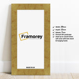 Front view of a Panoramic Gold Picture Frame Handmade Wooden Poster Frame with some detail on its measurement and the frame is place on the wooden surface.