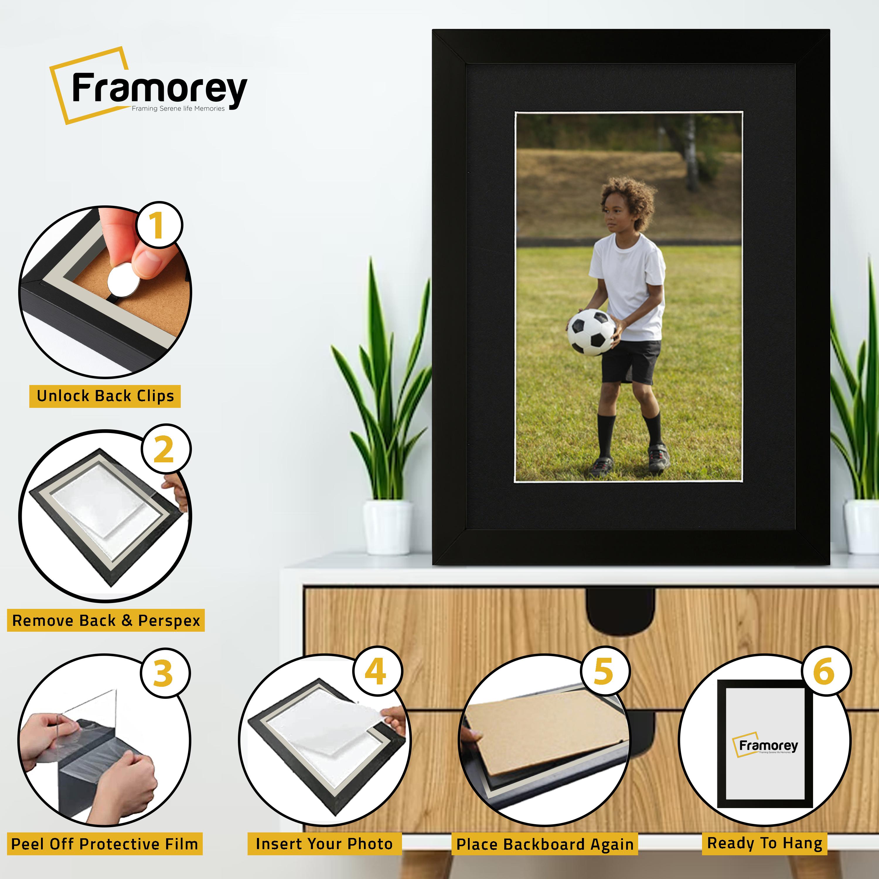 Step-by-step guide showing how to insert a photo into a picture frame