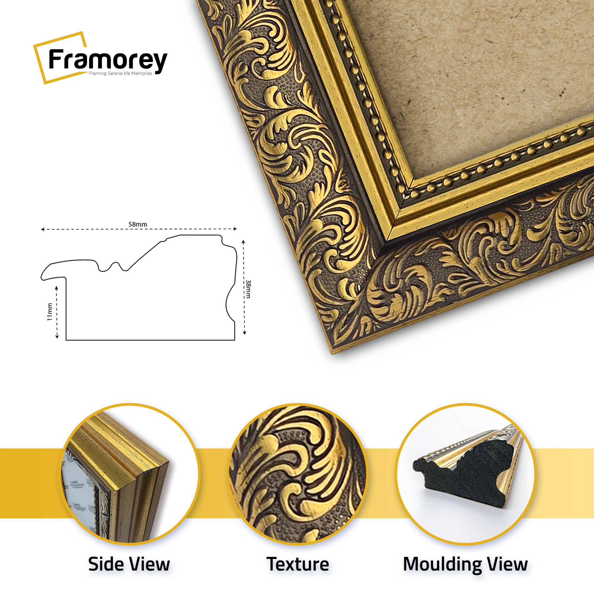 close side view of traditional ornate gold Dahlia picture frame featuring side view, texture and molding view