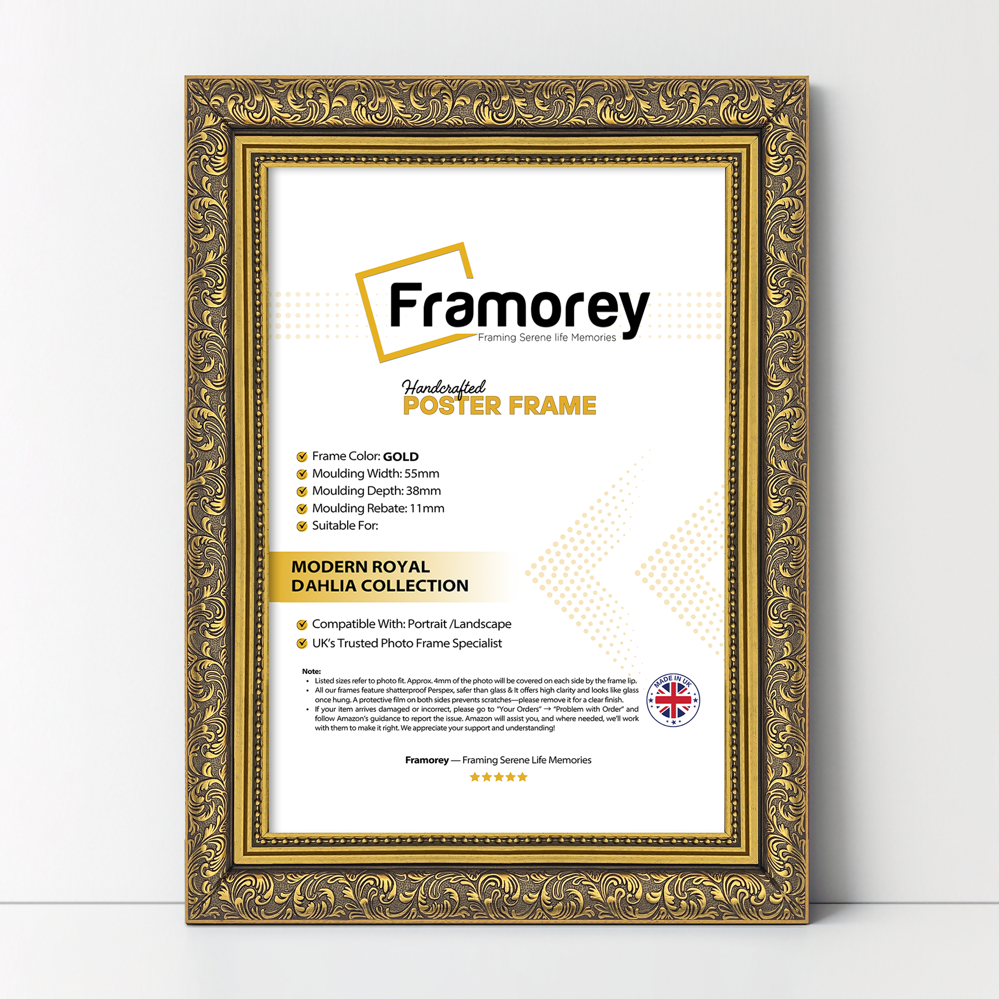 Gold Ornate Photo Frame Traditional Dahlia Picture Frame on a white surface for photos and artwork