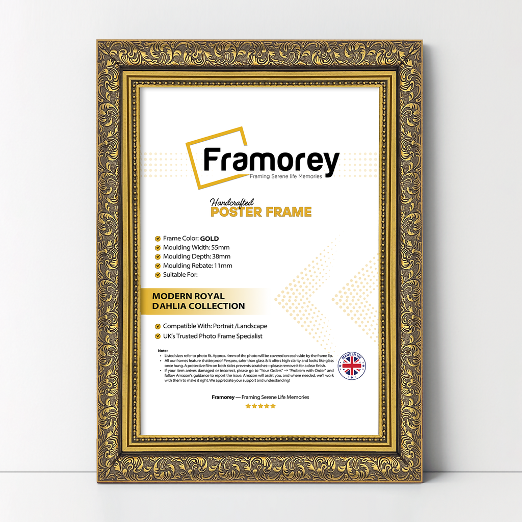 Gold Ornate Photo Frame Traditional Dahlia Picture Frame on a white surface for photos and artwork