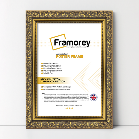 Gold Ornate Photo Frame Traditional Dahlia Picture Frame on a white surface for photos and artwork