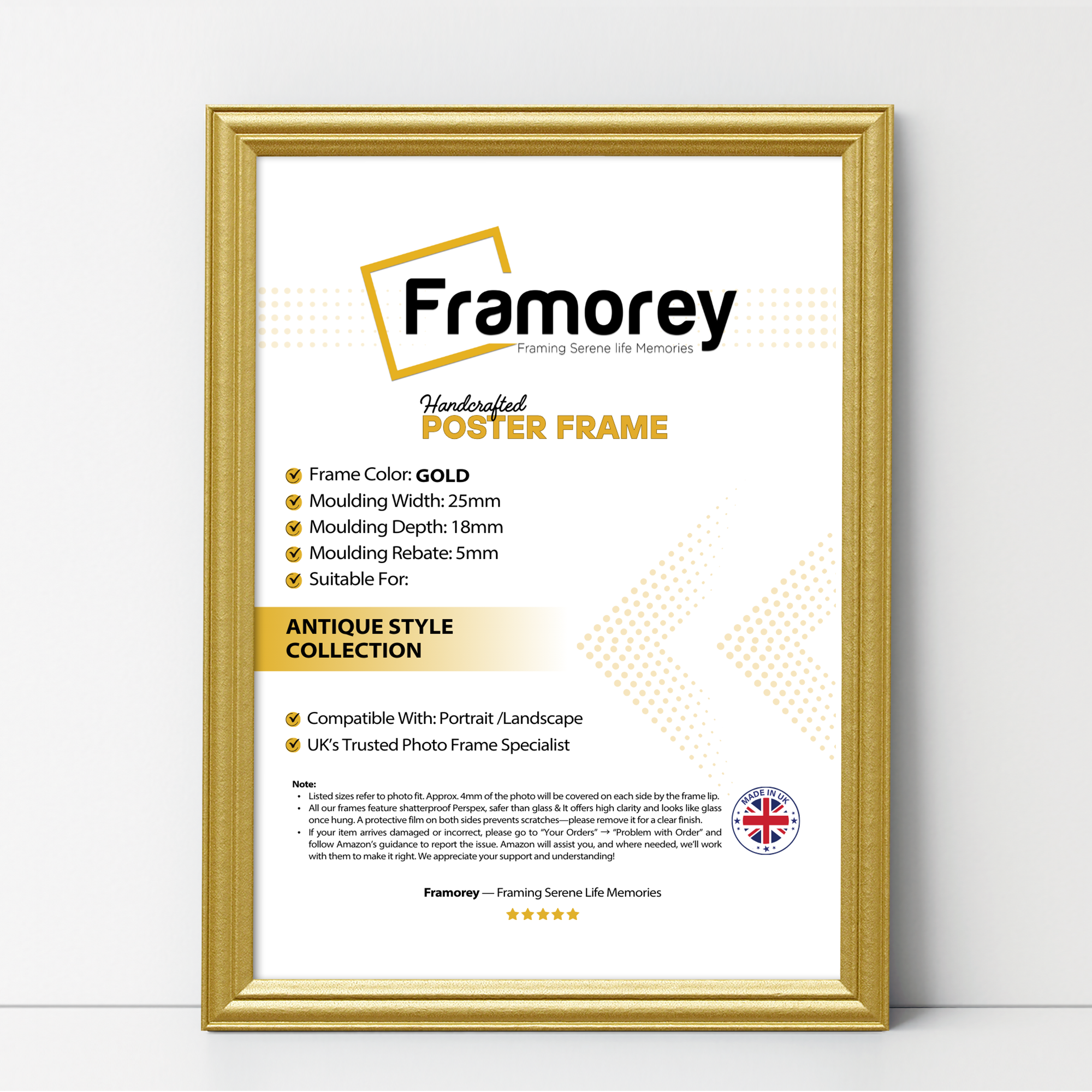 Gold antique-style poster frame, Framorey handmade picture frame for wall display