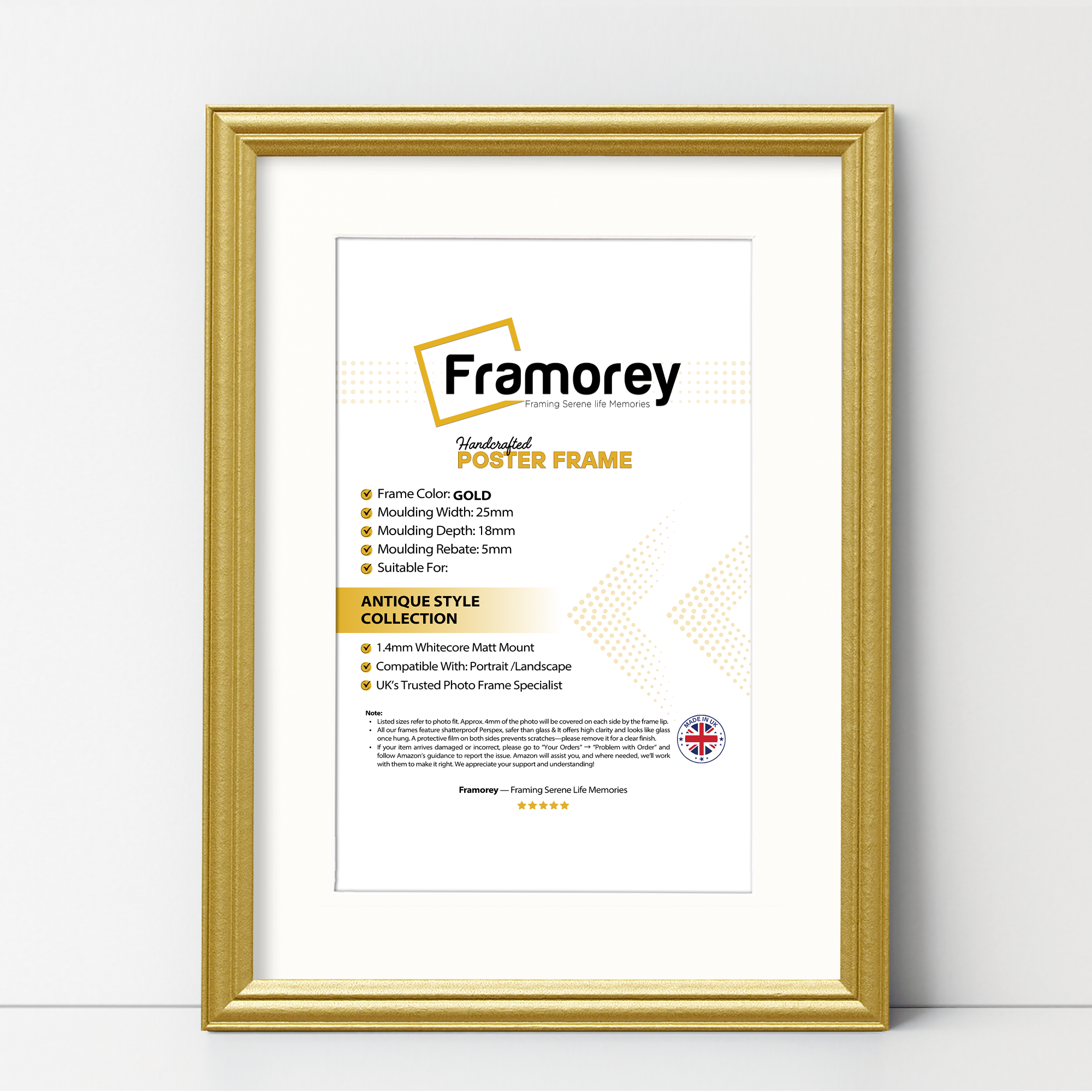 Gold antique-style poster frame with white mount, Framorey handmade picture frame for wall display