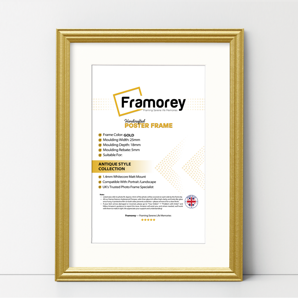 Gold antique-style poster frame with white mount, Framorey handmade picture frame for wall display