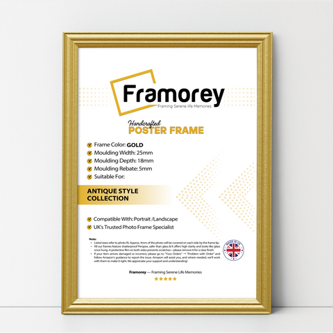 Gold antique-style poster frame, Framorey handmade picture frame for wall display