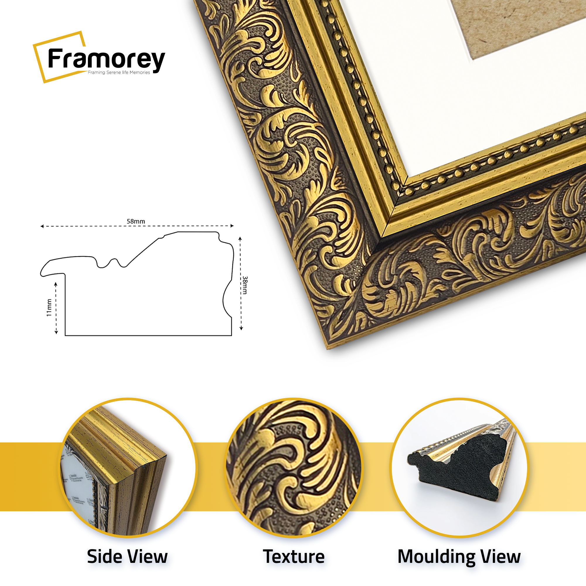 close side view of traditional ornate gold Dahlia picture frame with white mount featuring side view, texture and molding view