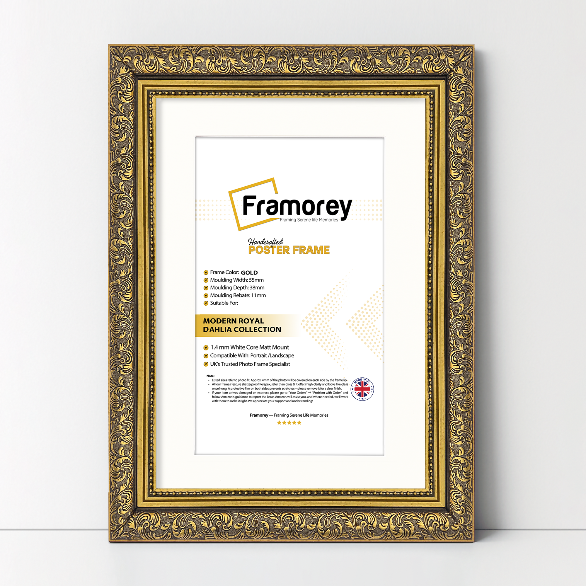 Gold Ornate Photo Frame With White Mount Traditional Dahlia Picture Frame on a white surface for photos and artwork