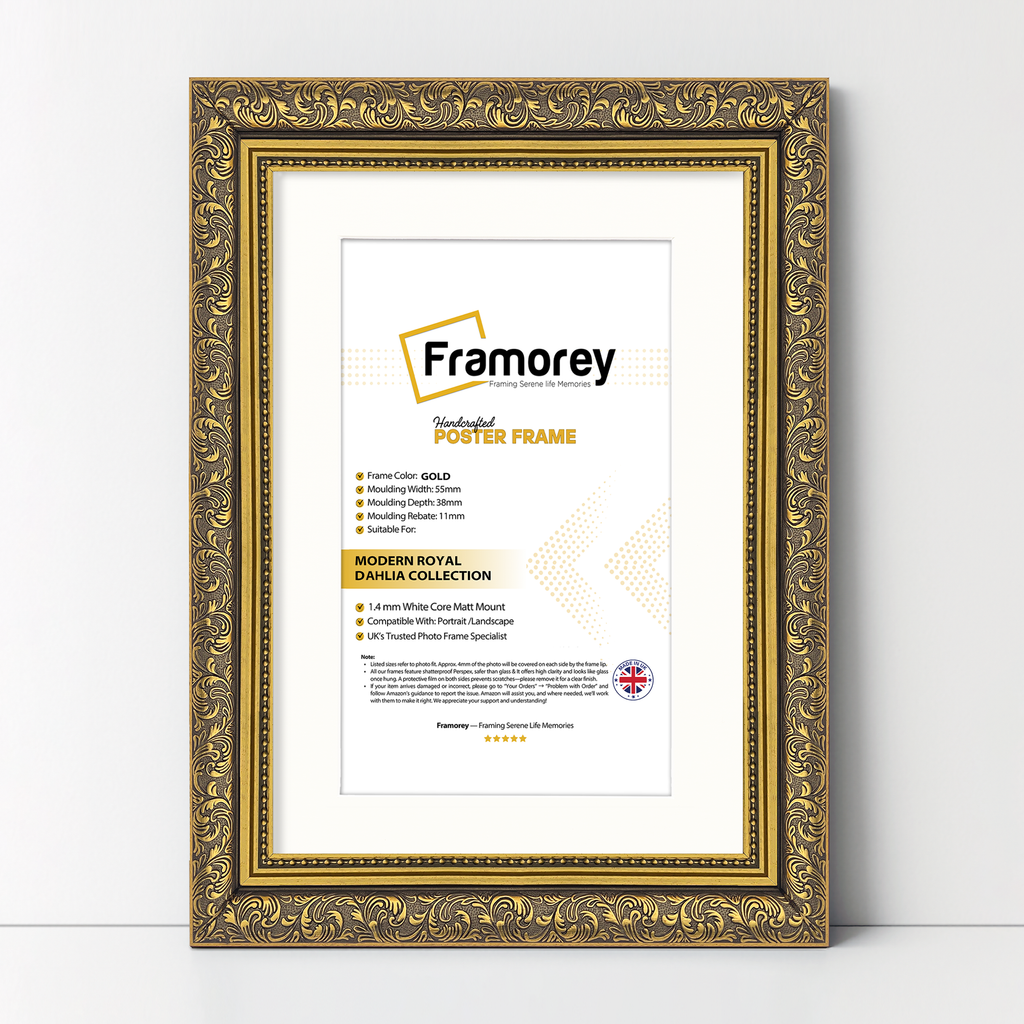 Gold Ornate Photo Frame With White Mount Traditional Dahlia Picture Frame on a white surface for photos and artwork