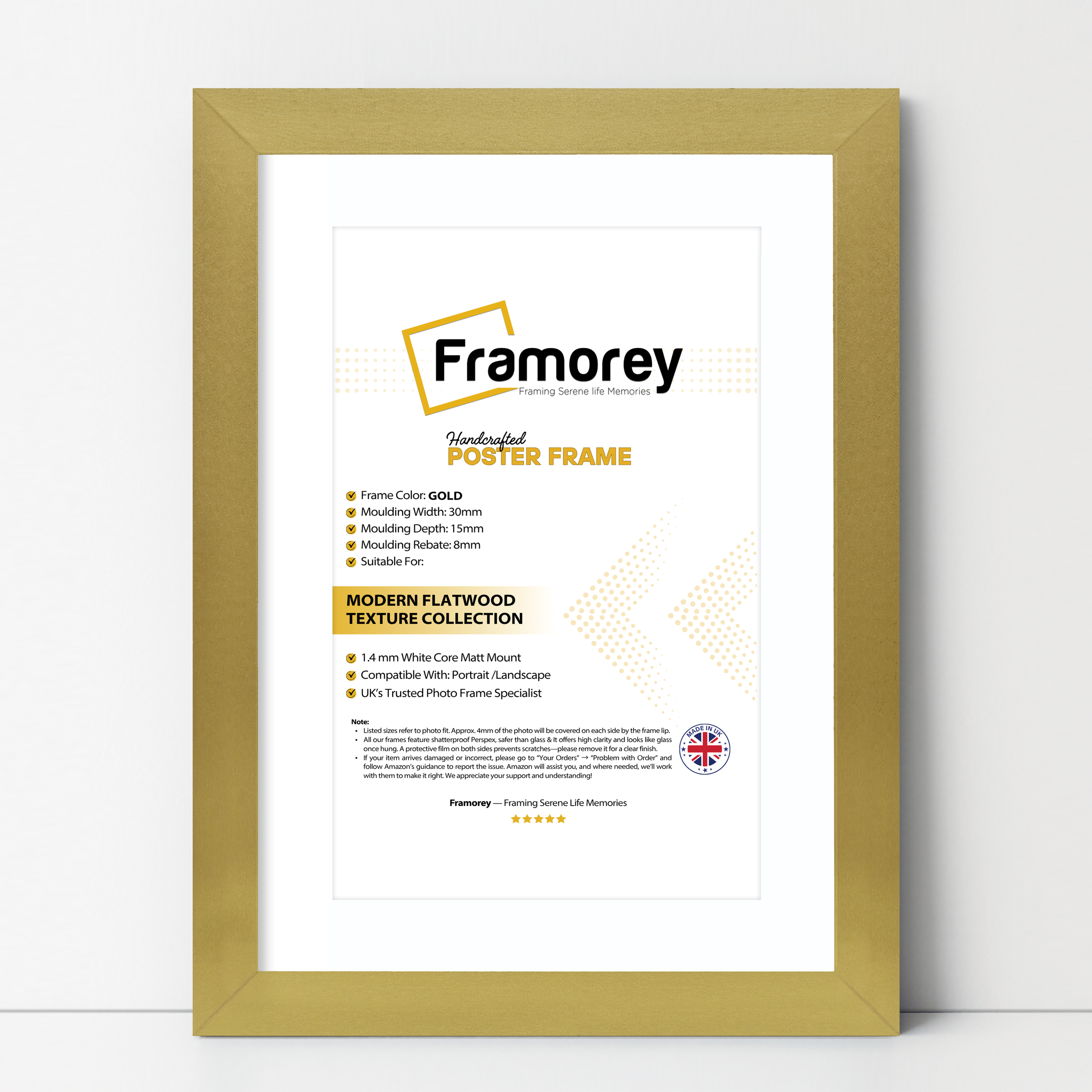 gold picture frame shown from front view on a plain white surface standing with a wall