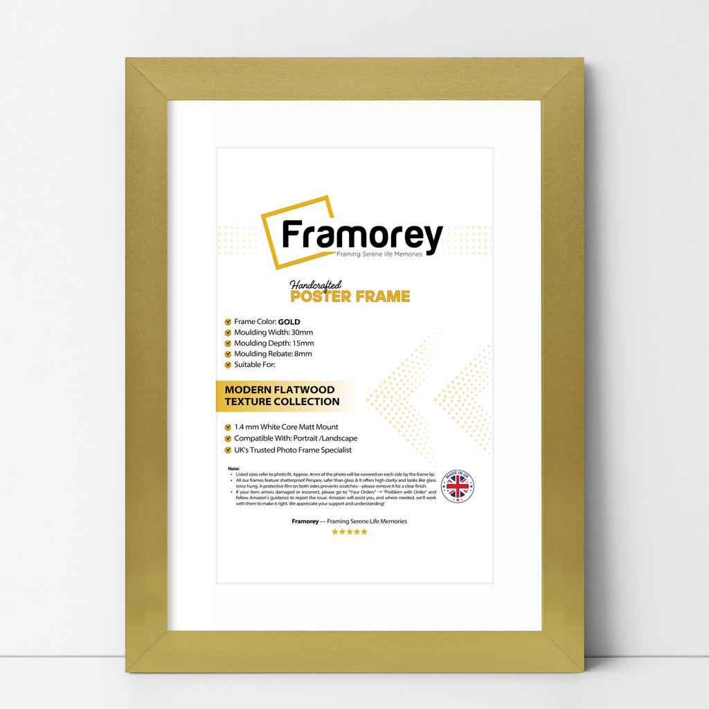 gold picture frame shown from front view on a plain white surface standing with a wall