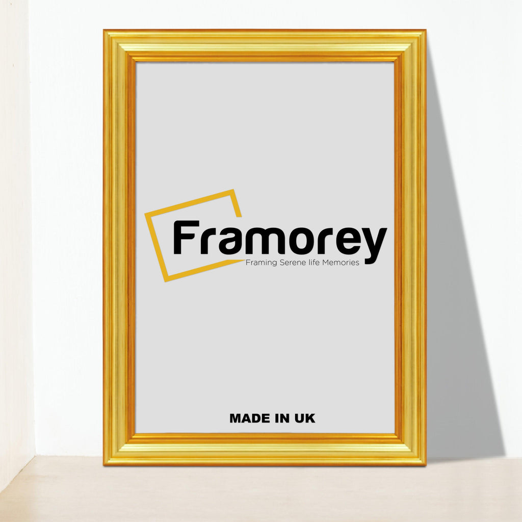 Gold Picture Frames Handmade Wooden Effect Poster Frames with a Framorey logo place inside it.