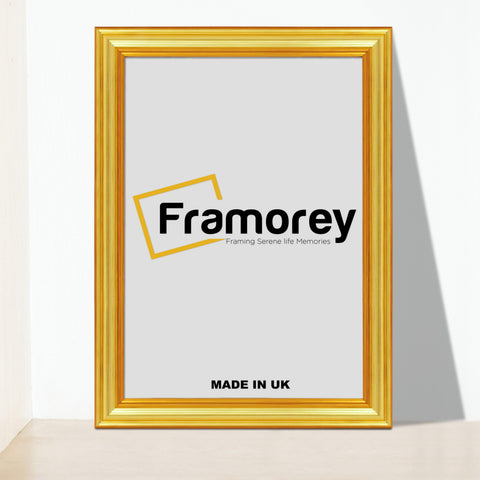 Gold Picture Frames Handmade Wooden Effect Poster Frames with a Framorey logo place inside it.