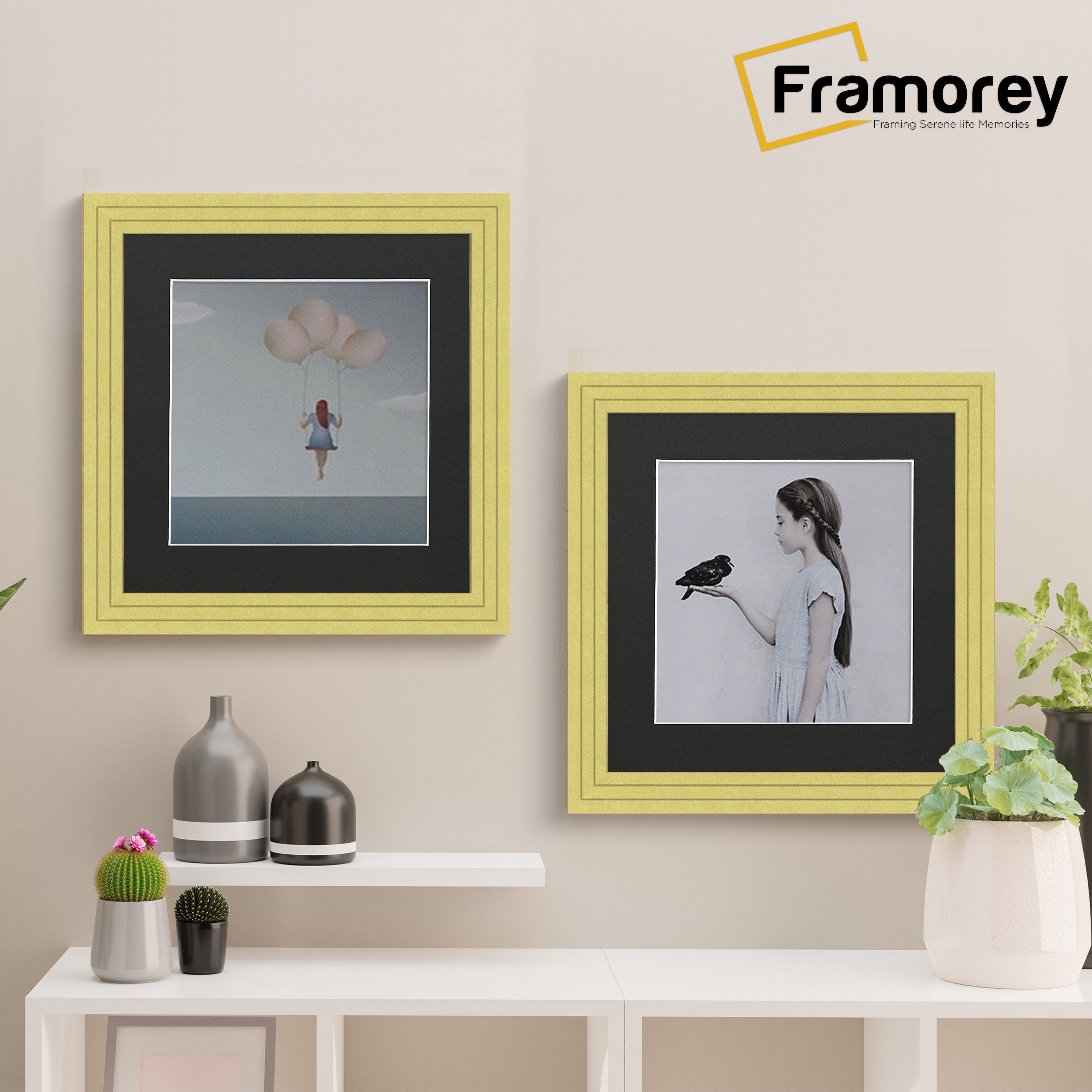 Step Style Square Size Gold Picture Frame With Black Mount