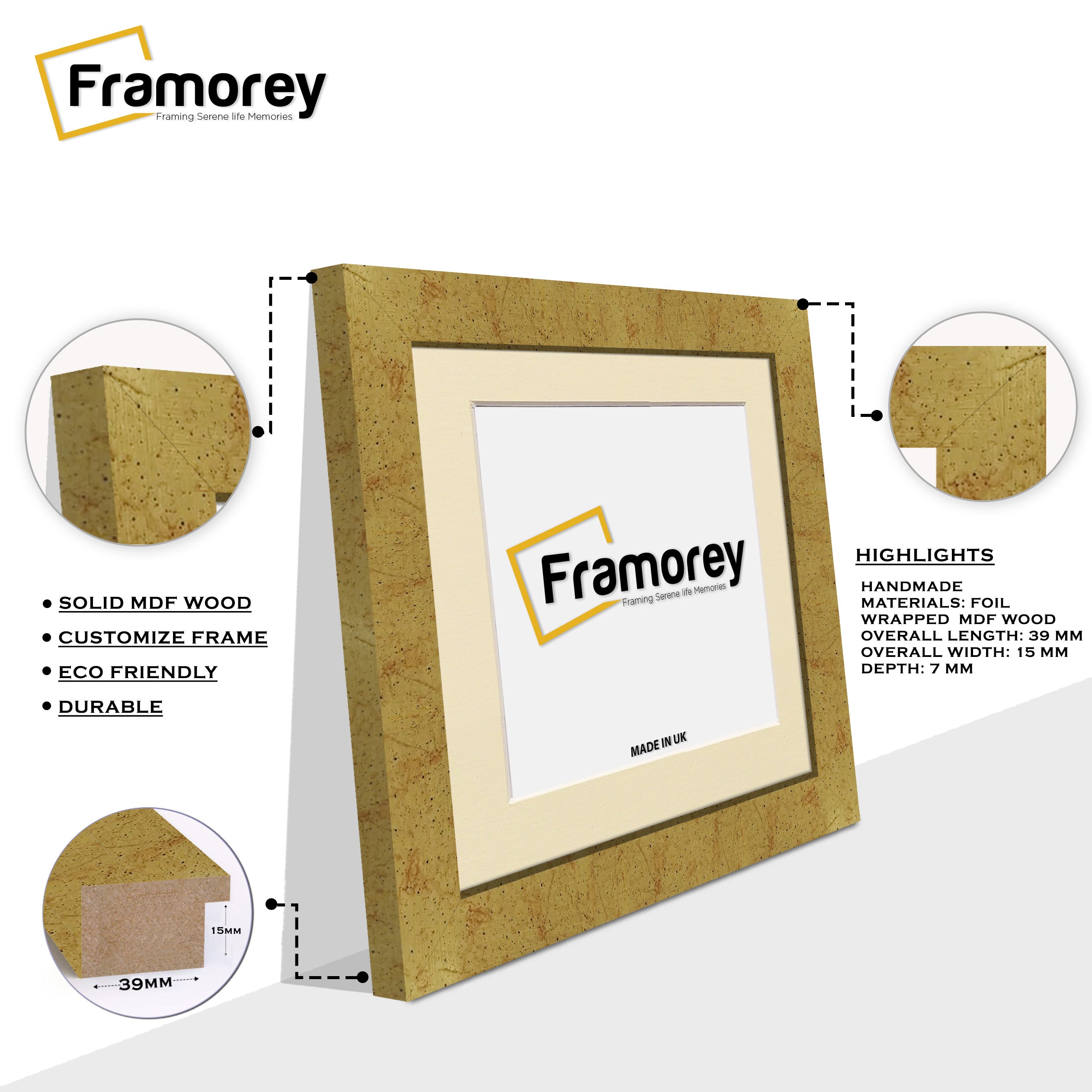 Square Gold Picture Frames Handmade Wooden Photo Frames With Ivory Mount