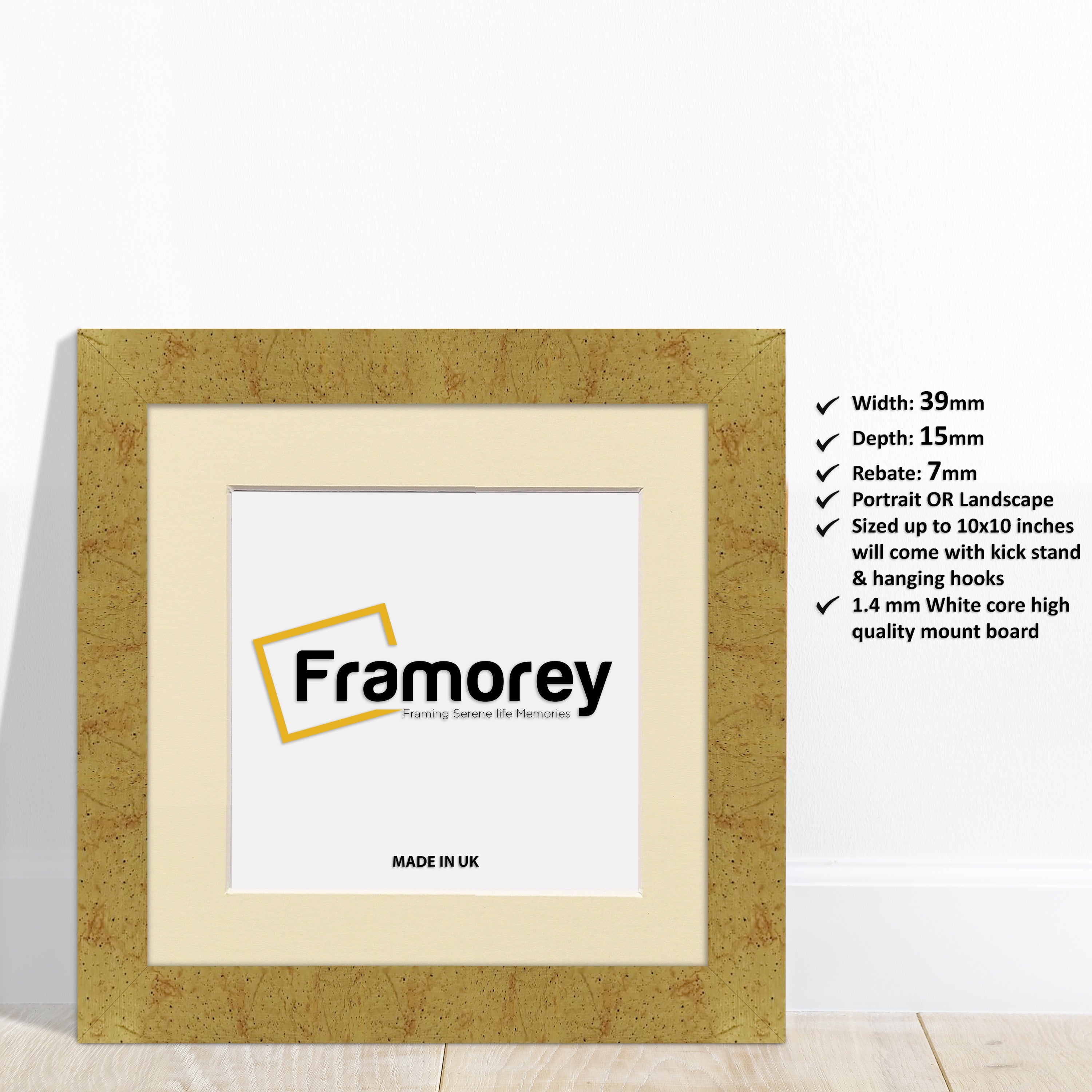 Square Gold Picture Frames Handmade Wooden Photo Frames With Ivory Mount