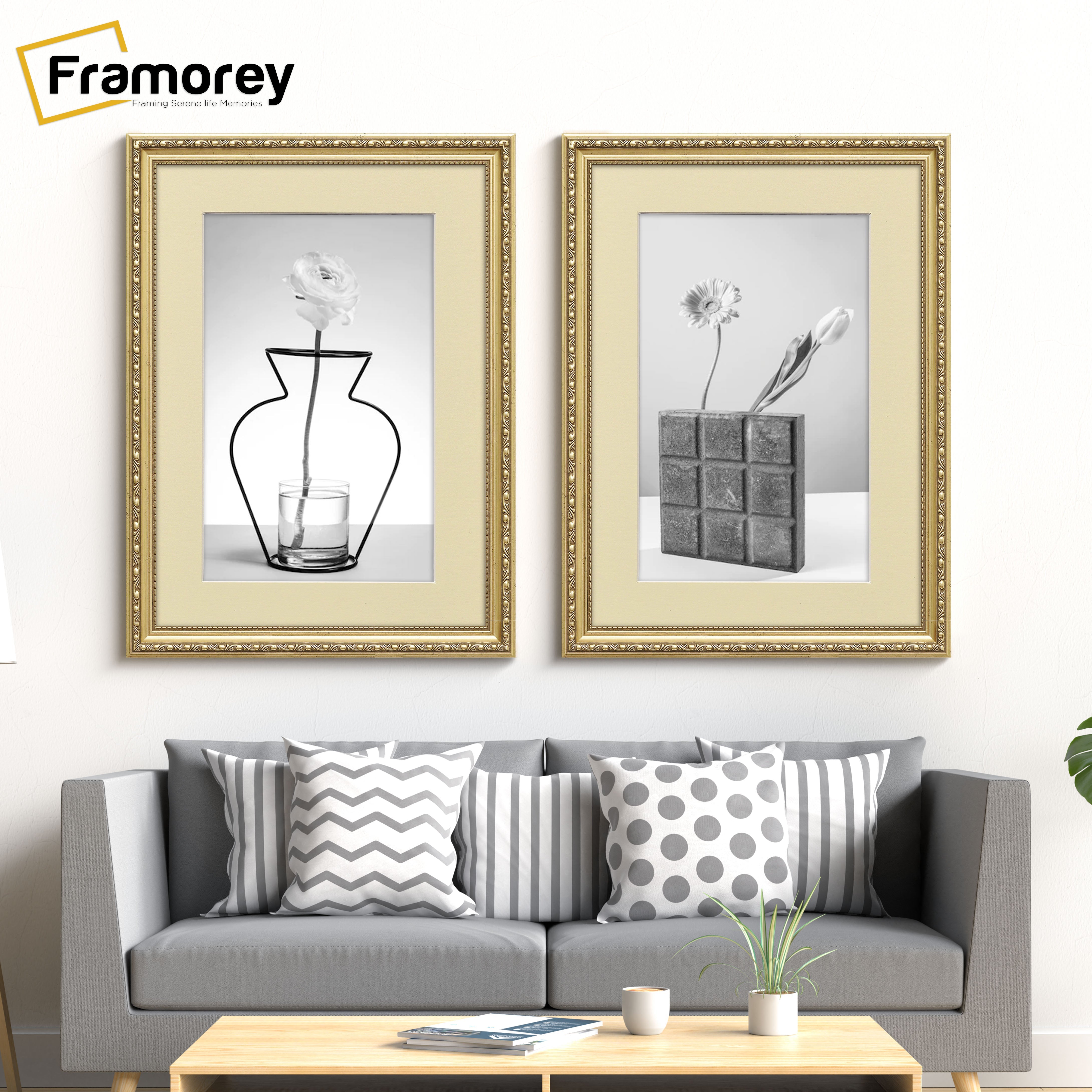 Gold Shabby Ornate Picture Frame Wall Art Photo Frames With Ivory Mount