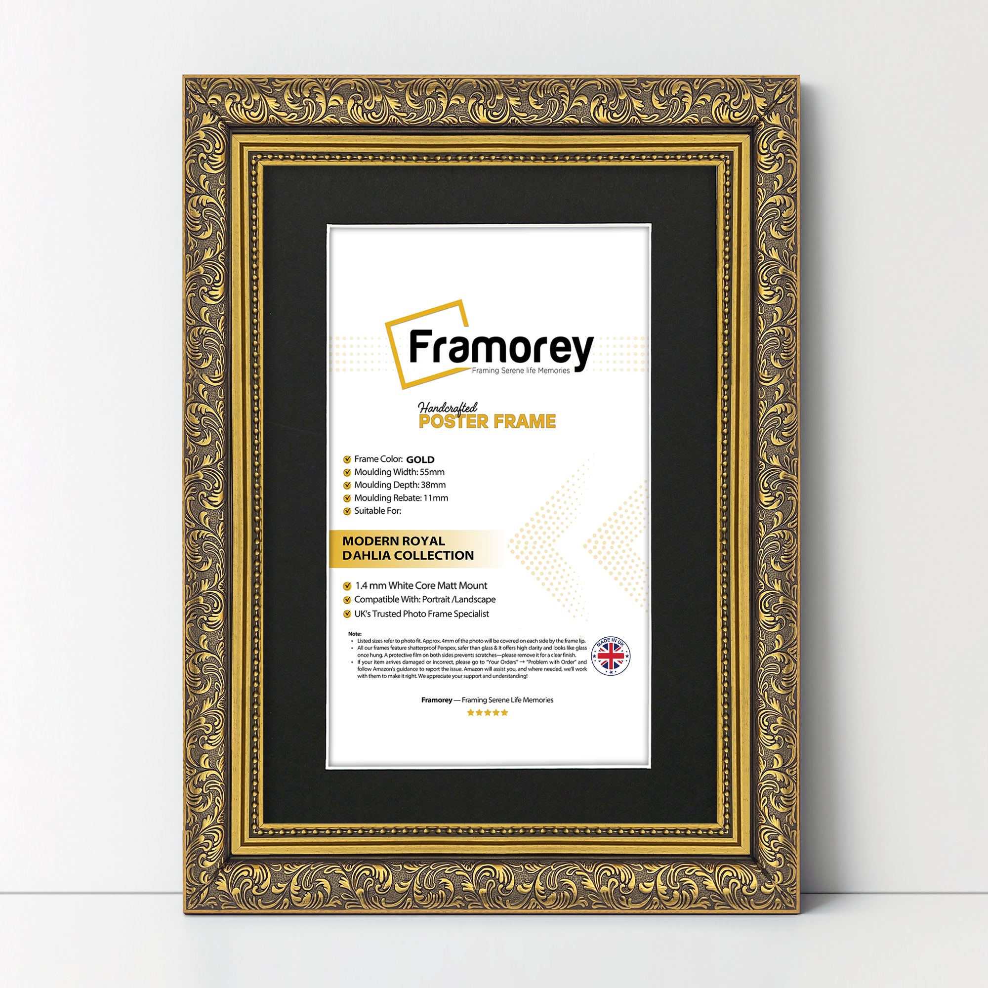 Gold Picture Frame Ornate Traditional Dahlia Photo Frame With Black Mount