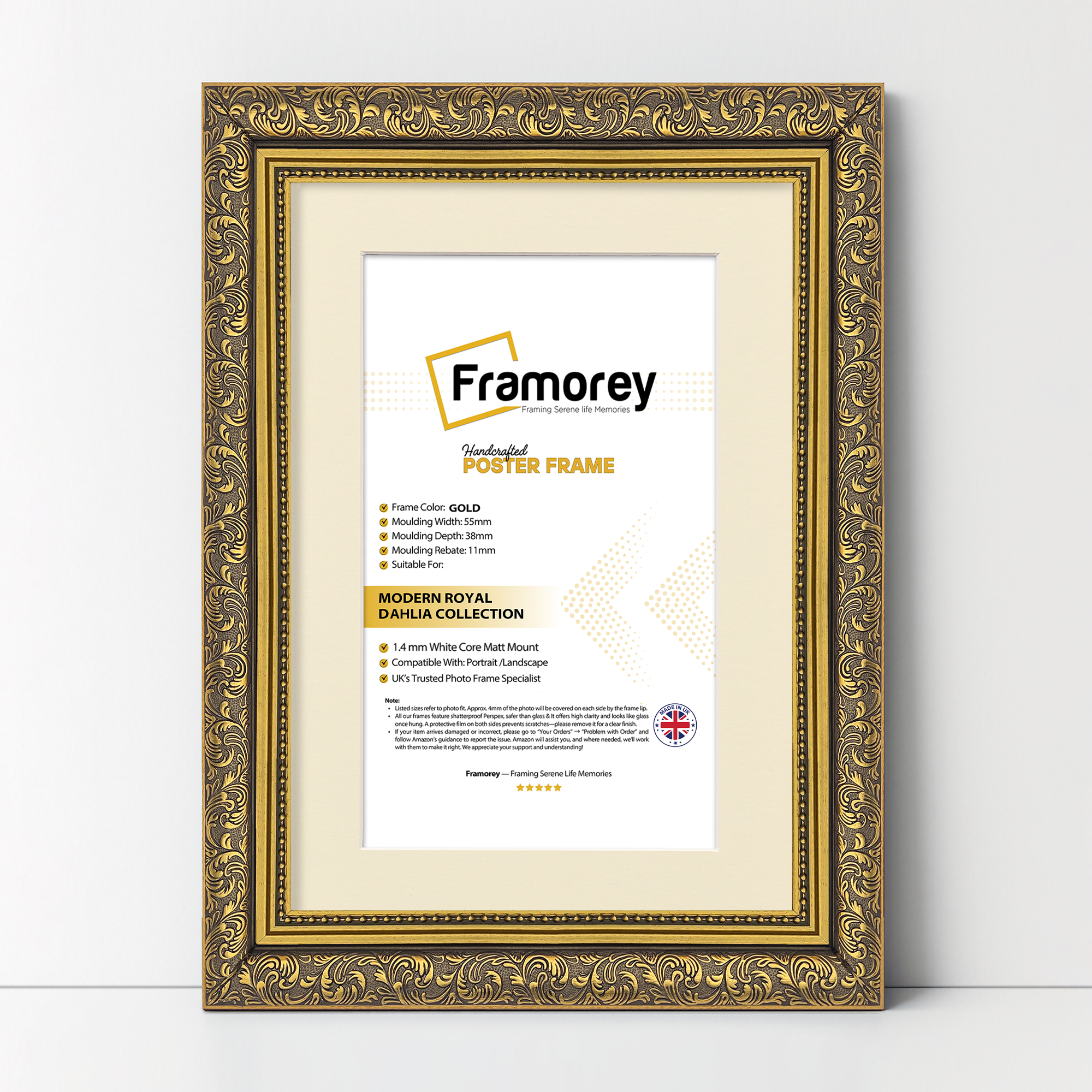 Gold Picture Frame with white mount on a  wooden slab.