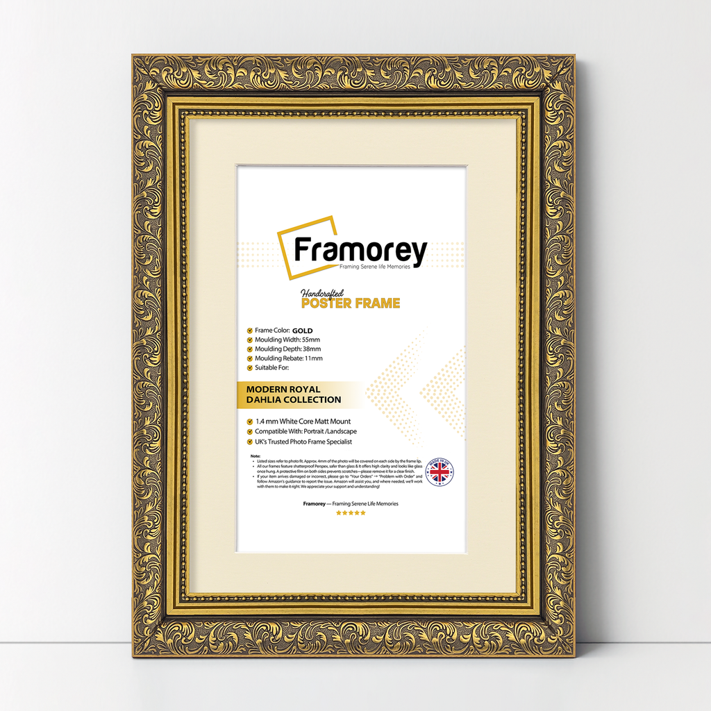 Gold Picture Frame with white mount on a  wooden slab.